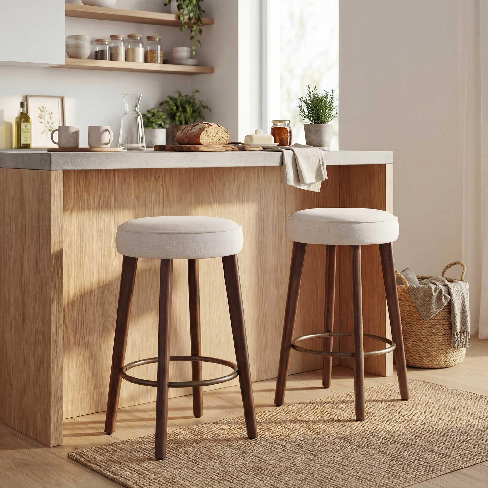 Set of 2 Chenille Bar Stools, 68cm Counter Height Upholstered Kitchen Bar Chairs with Solid Wood Legs, Modern Kitchen Island Stools for Breakfast Counter, Dining Room, Home Bar, Beige — view 11