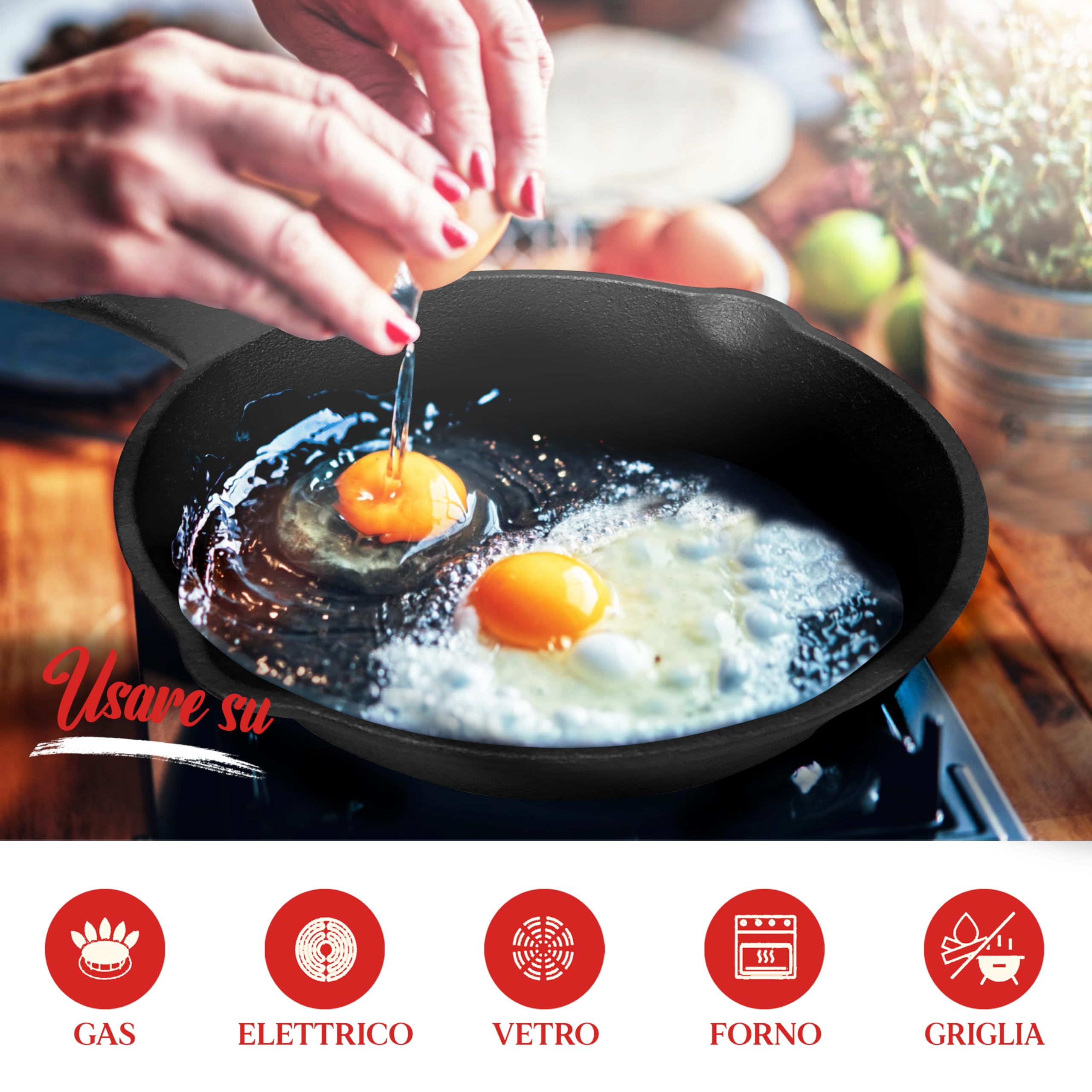 NutriChef Padella Ghisa Pretrattata, Set 3 Pezzi con Padella Antiaderente, Beccuccio Laterale e Raschietto, Compatibile con Gas, Induzione ed Elettrico, per Carne, Uova e Verdura