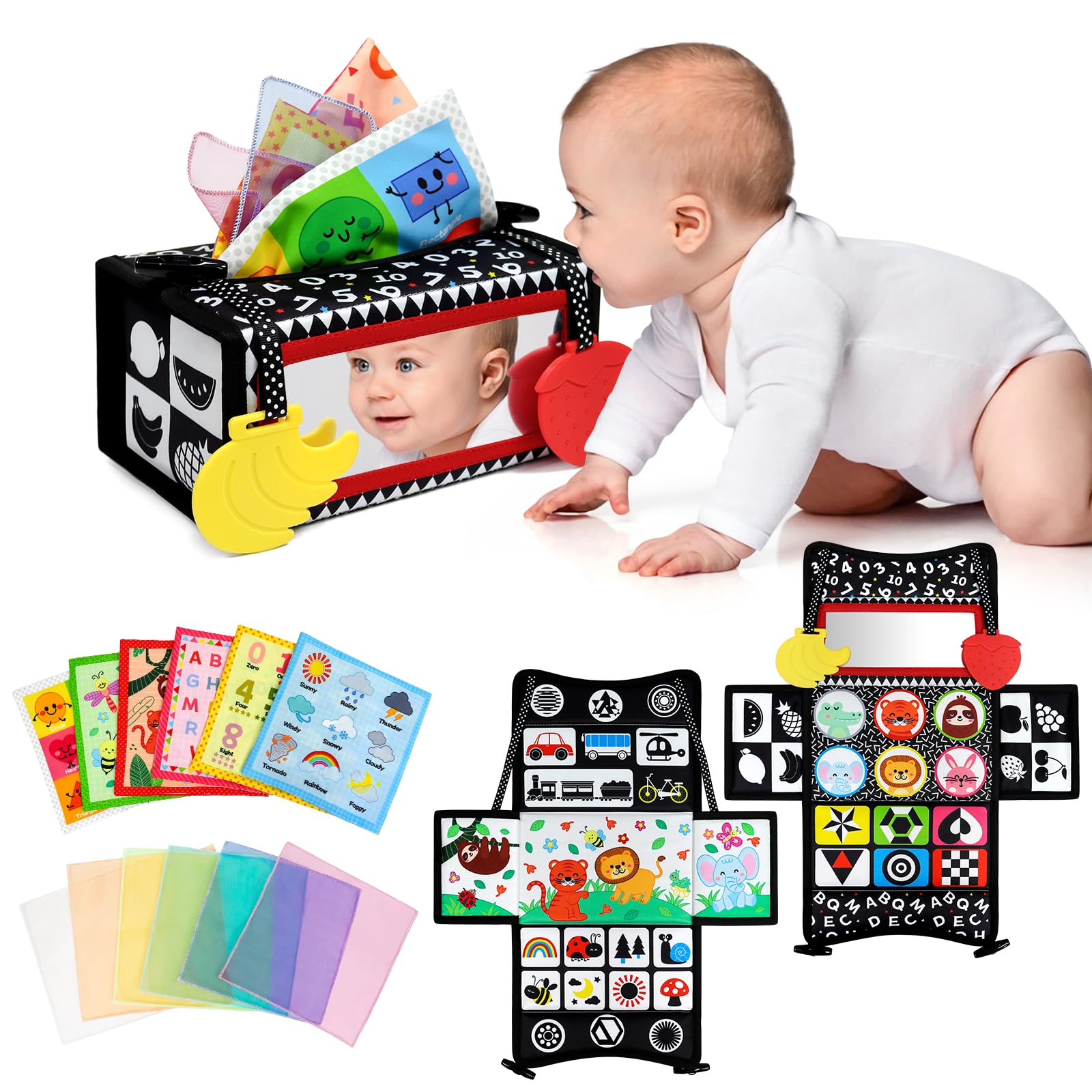 Dr.Rapeti 3in1 Giocattolo a Scatola di fazzoletti, Scatola di Fazzoletti per Neonati, Specchio per Bambini Giochi Sensoriali, Giocattolo per Bebè, con Sciarpe di Seta