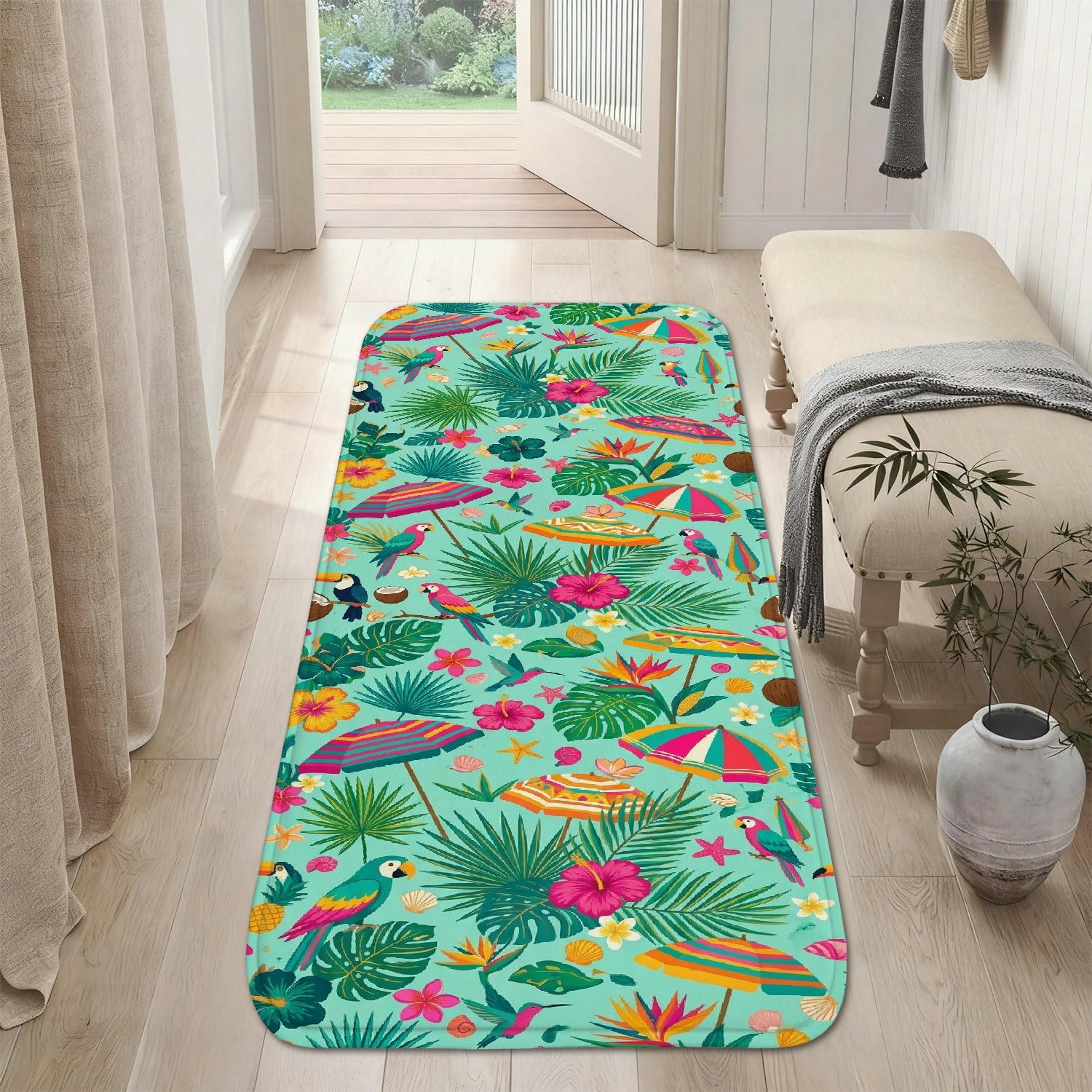 Tapis de couloir tropical turquoise 0.6x1.5m lavable pour entrée