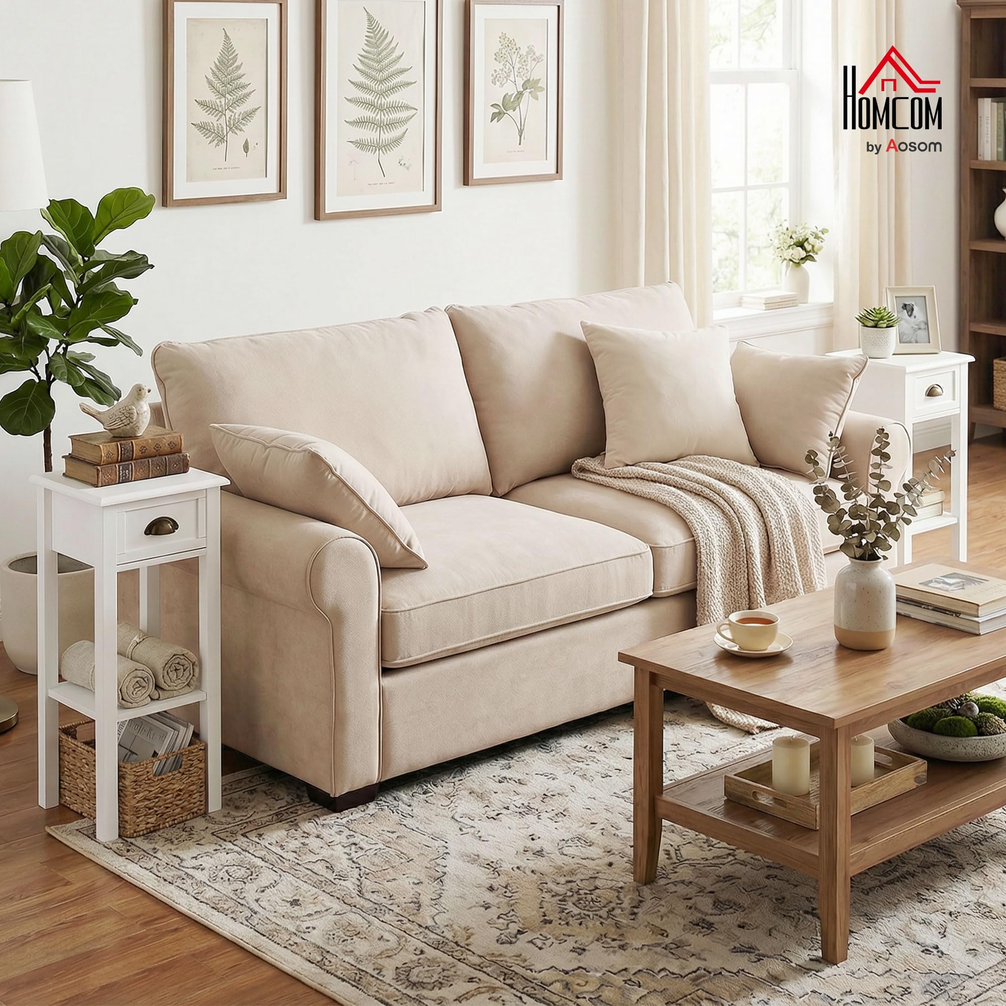HOMCOM Juego de 2 Mesas Auxiliares Modernas, Mesas Auxiliares para Sofá, con Cajón y Estante, Mesitas de Noche para Salón, Dormitorio, 30x30x75 cm, Blanco