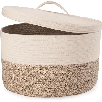 Laundry Basket for Blankets with Lid 32 L Woven Cotton Rope Basket Foldable Storage Basket with Hollow Handle for Living Room Placing Blankets Cushion 40 x 25 cm Brown