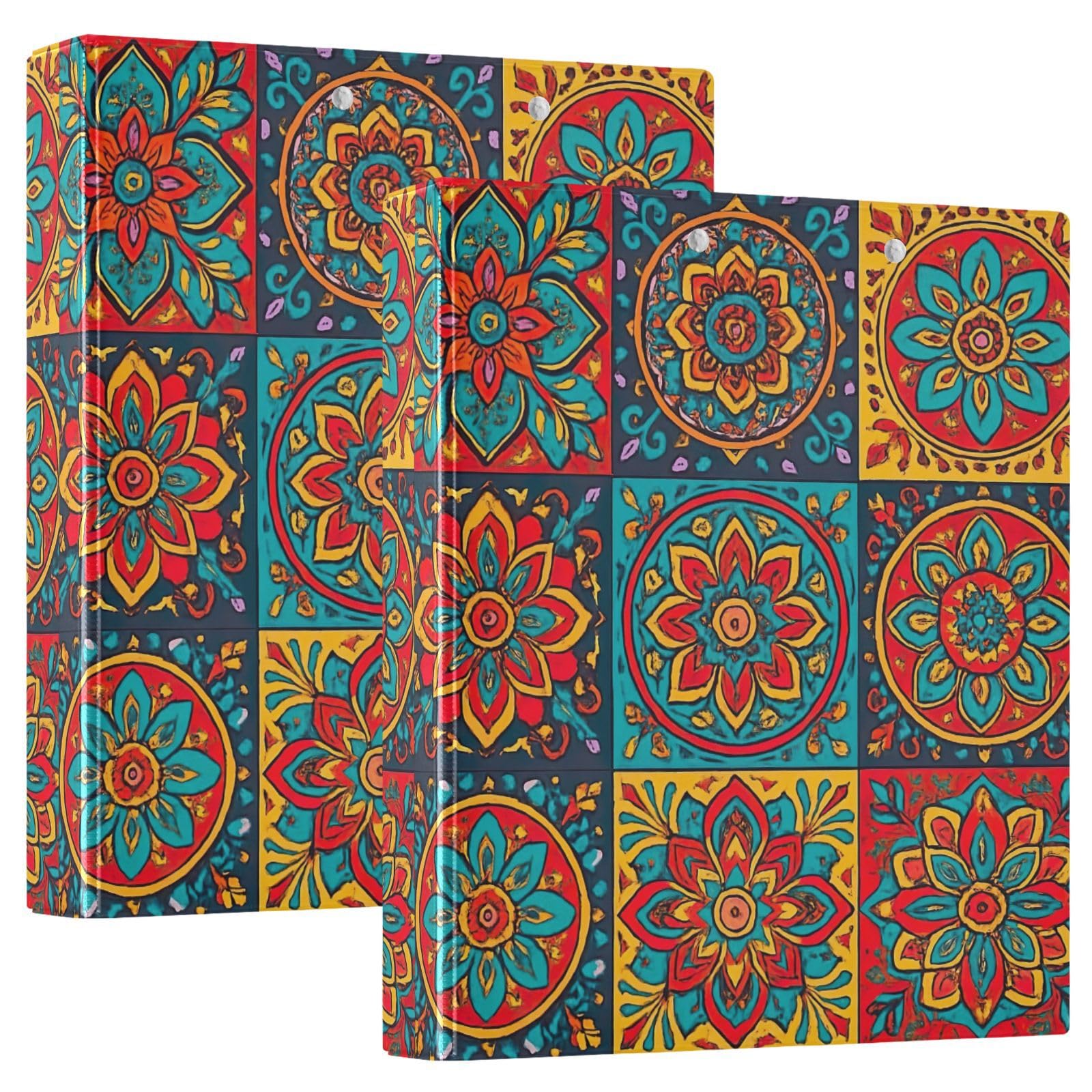 Carpeta colorida de 3 anillos bohemios con diseño floral de mandala de 1.5 pulgadas, carpeta de anillos en D, paquete de 2 | Con portapapeles y bolsillos, para escuela, universidad, oficina