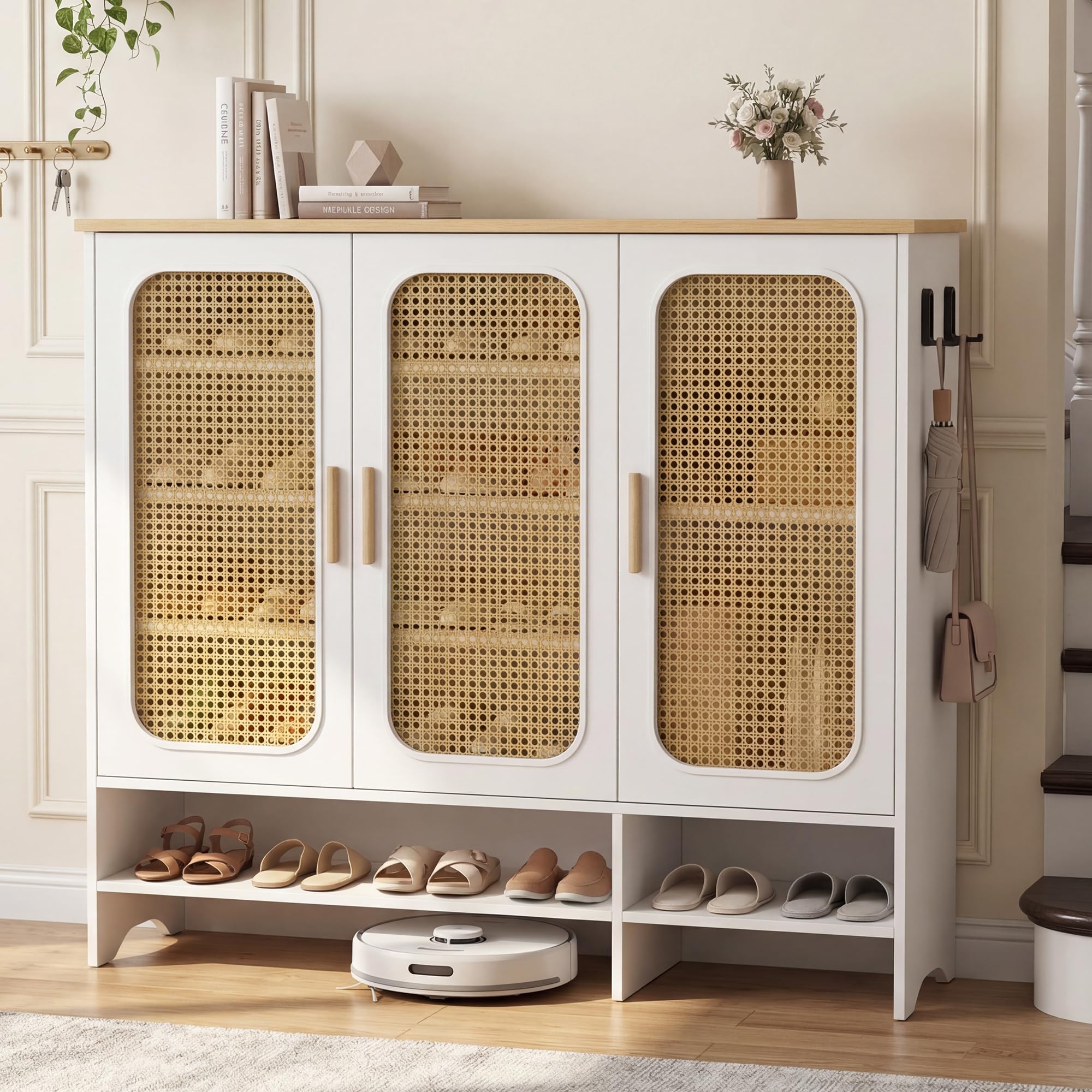 BonVache Weißer Schuhschrank mit Rattan, für Männer Größe Schuhe, Schuhschrank für Wohnzimmer und Foyer, 35.5×115×98.3 cm