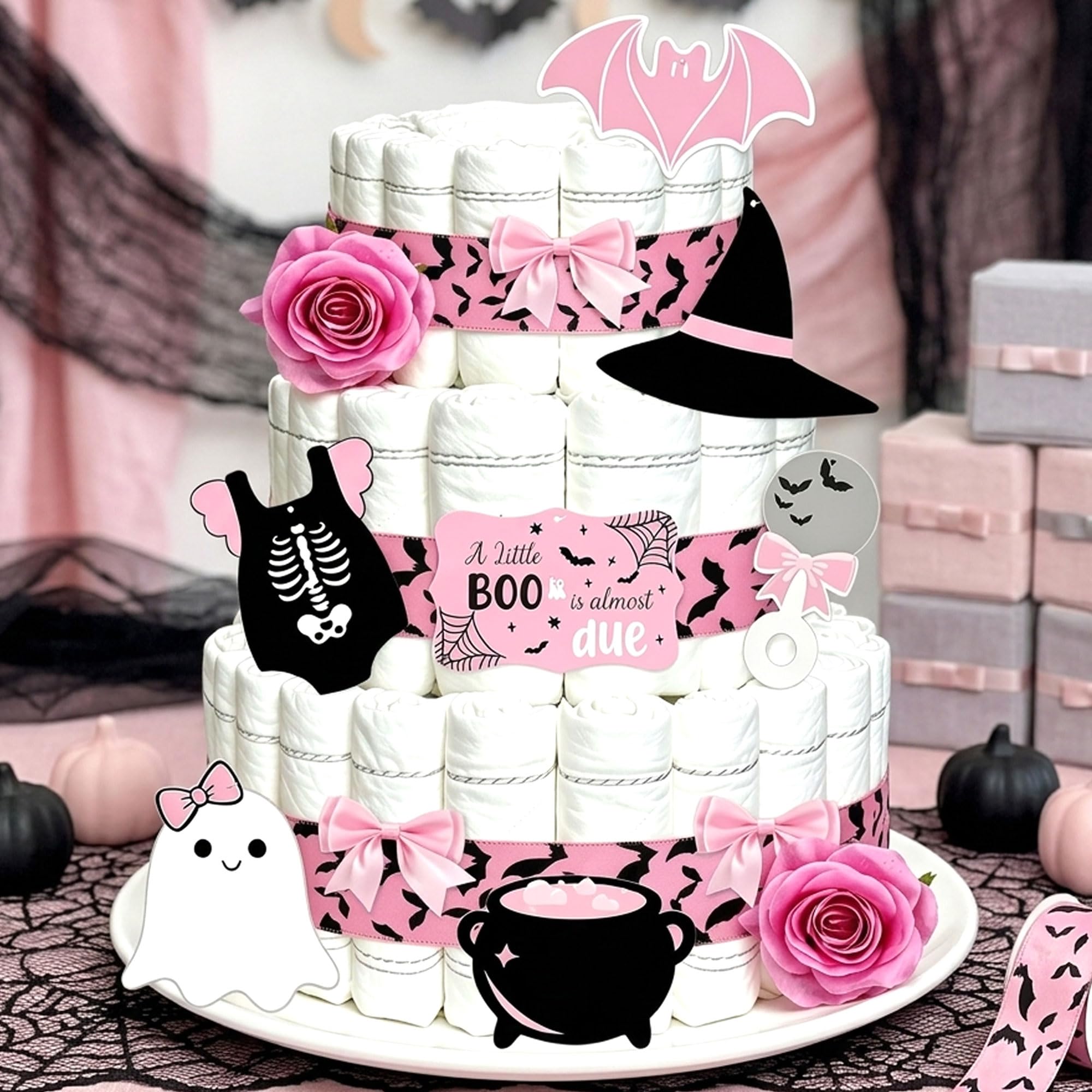 Pink Halloween Diaper Cake Decorations Ghost Patterned Ribbons — image 1