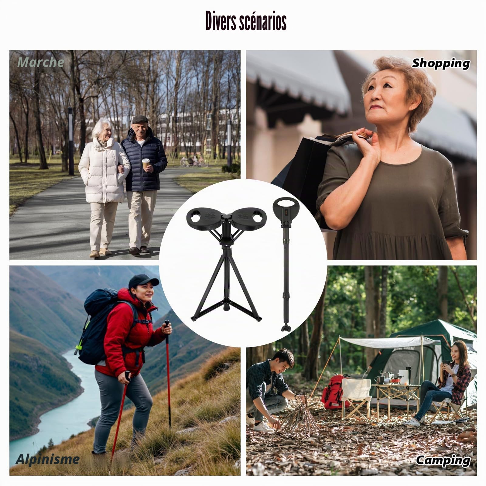 Canne de Marche avec siège pour Personnes âgées et Adultes Canne | de marche portable pliable avec sac de transport, canne de randonnée réglable en hauteur avec capacité d'assise de 250 kg
