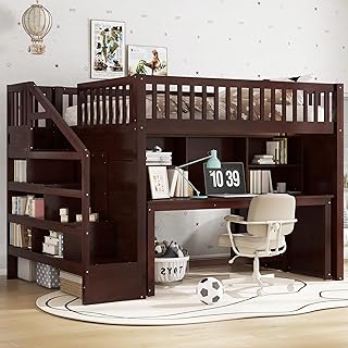 SOFTSEA Full Size Loft Bed with Desk and Stairs, Solid Wood Loft Bed with Movable Desk and Storage Shelves for Kids Teens Adults, Full Bed Frame with Storage Staircase, Espresso