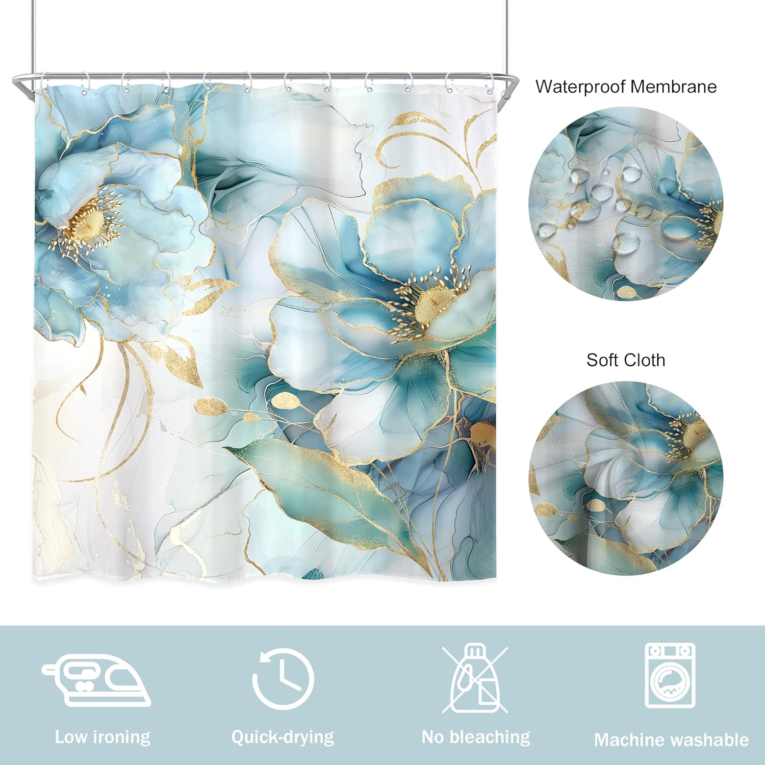 Newsely Marble Shower Curtain 72Wx78L Inch Long Teal Blue Gold Ombre Abstract Floral Luxury Modern Ink Texture Minimalist Bathroom Set Elegant Waterproof Bath Decoration Accessories Home Decor