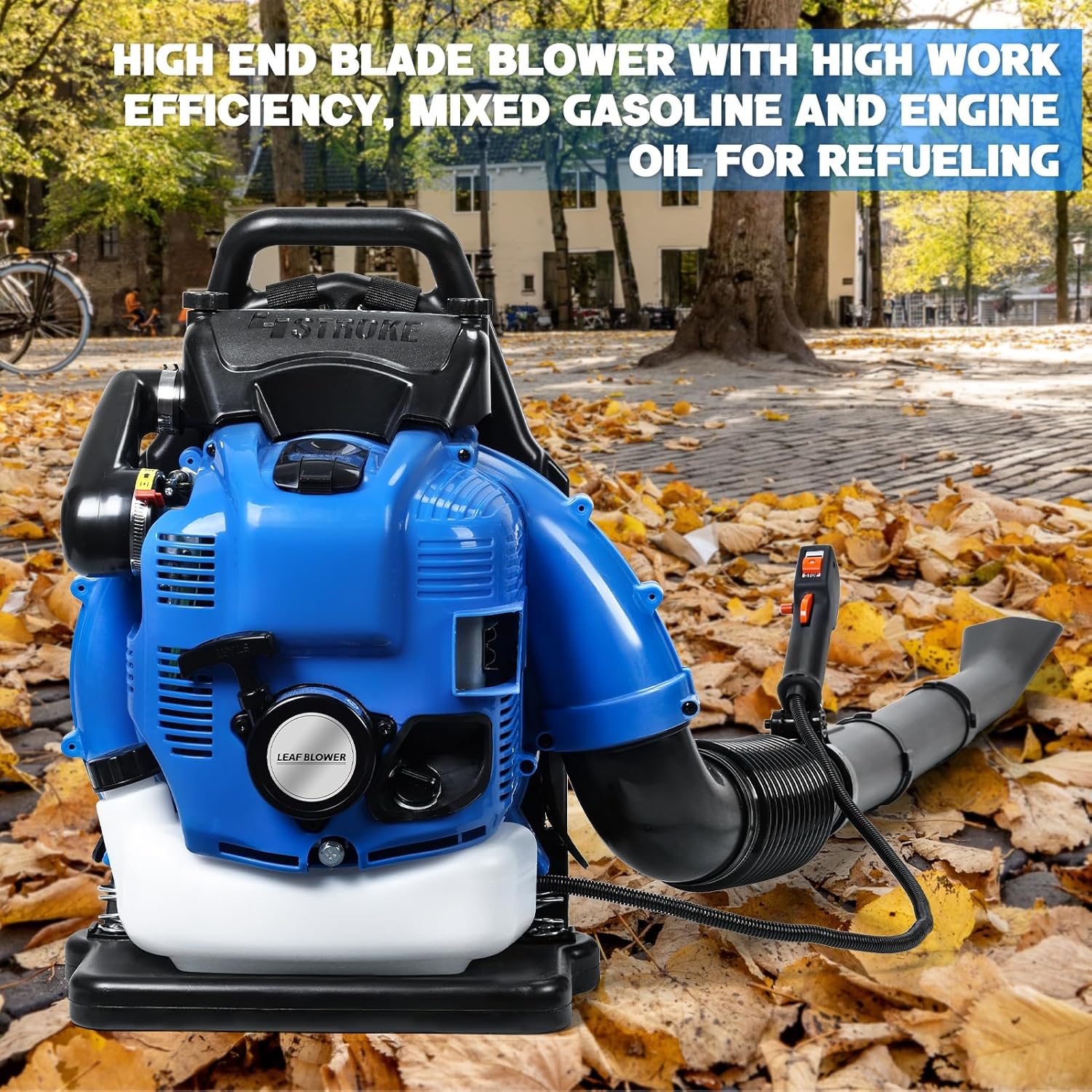 75.6CC 4 Stroke Backpack Gas Leaf Blower 750CFM 205MPH Wind Speed 2.6KW 7000R/Min Power 1.9L Fuel Tank for Lawn Care Yard Debris Snow Removal Commercial Landscaping Parking Lot Cleaning Blue