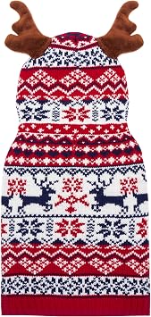 Christmas Dog Sweater, Winter Warm Antlers Hoodie Knitwear Pullover Dog Clothes for Cold Weather, Cute Ugly Holiday Pet Costume Outfits with Leash Hole for Small Medium Large Dogs, Puppy, Cats