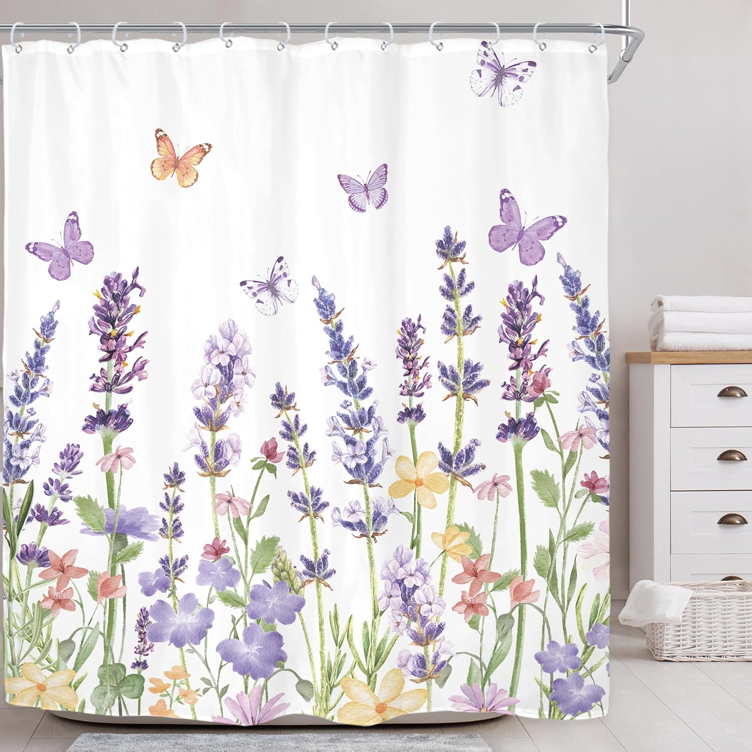 Riyidecor Purple Lavender Shower Curtain for Bathroom Decor 72Wx78H Lilac Floral Wildflower Flowers Butterfly Leaves Botanical Plants Art Printed Fabric Polyester Waterproof 12 Pack Plastic Hooks