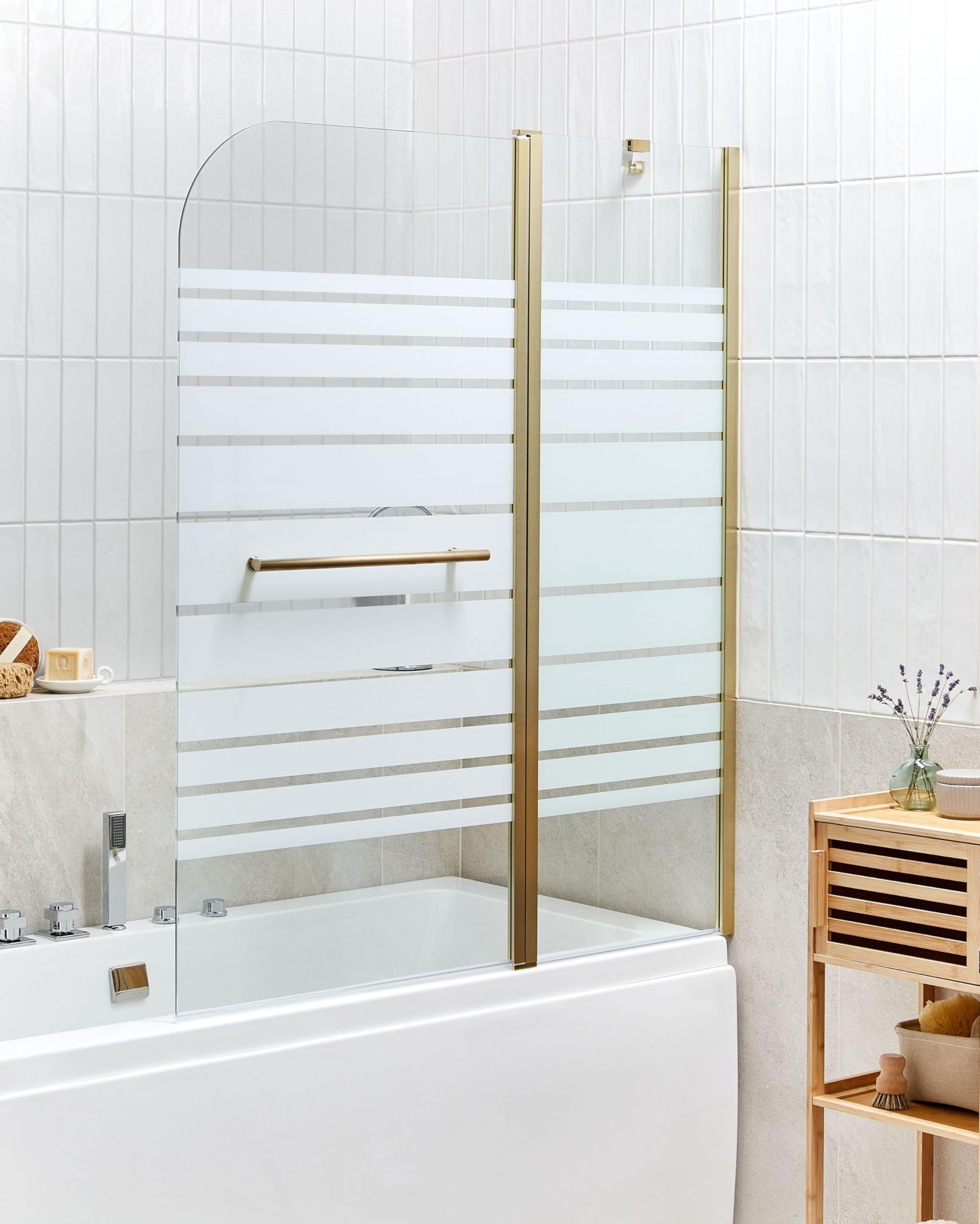 Mampara de baño minimalista con puerta de vidrio templado dorado 140 x 120 cm Tuapi