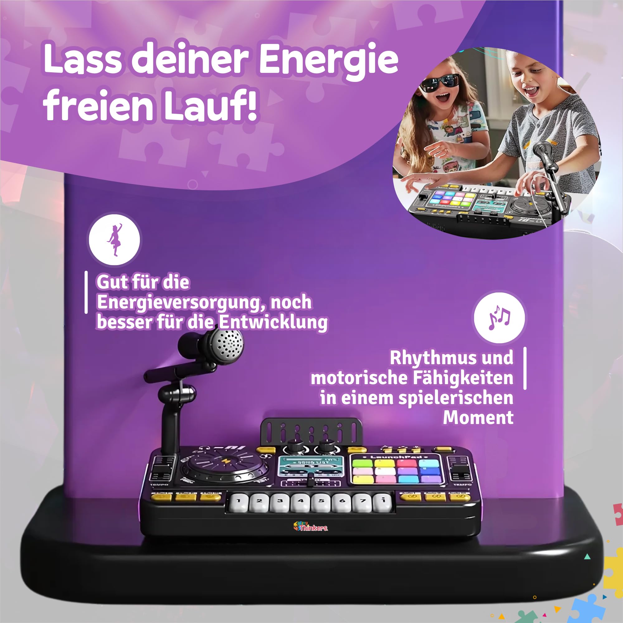 DJ Set für Kinder mit Mischpult & Mikrofon, DJ Pult für Anfänger mit Lichtshow, Bluetooth Verbindung & Touchpads, Wiederaufladbares DJ Mischpult Kinder Spielzeug für Musik & Kreatives Spielen