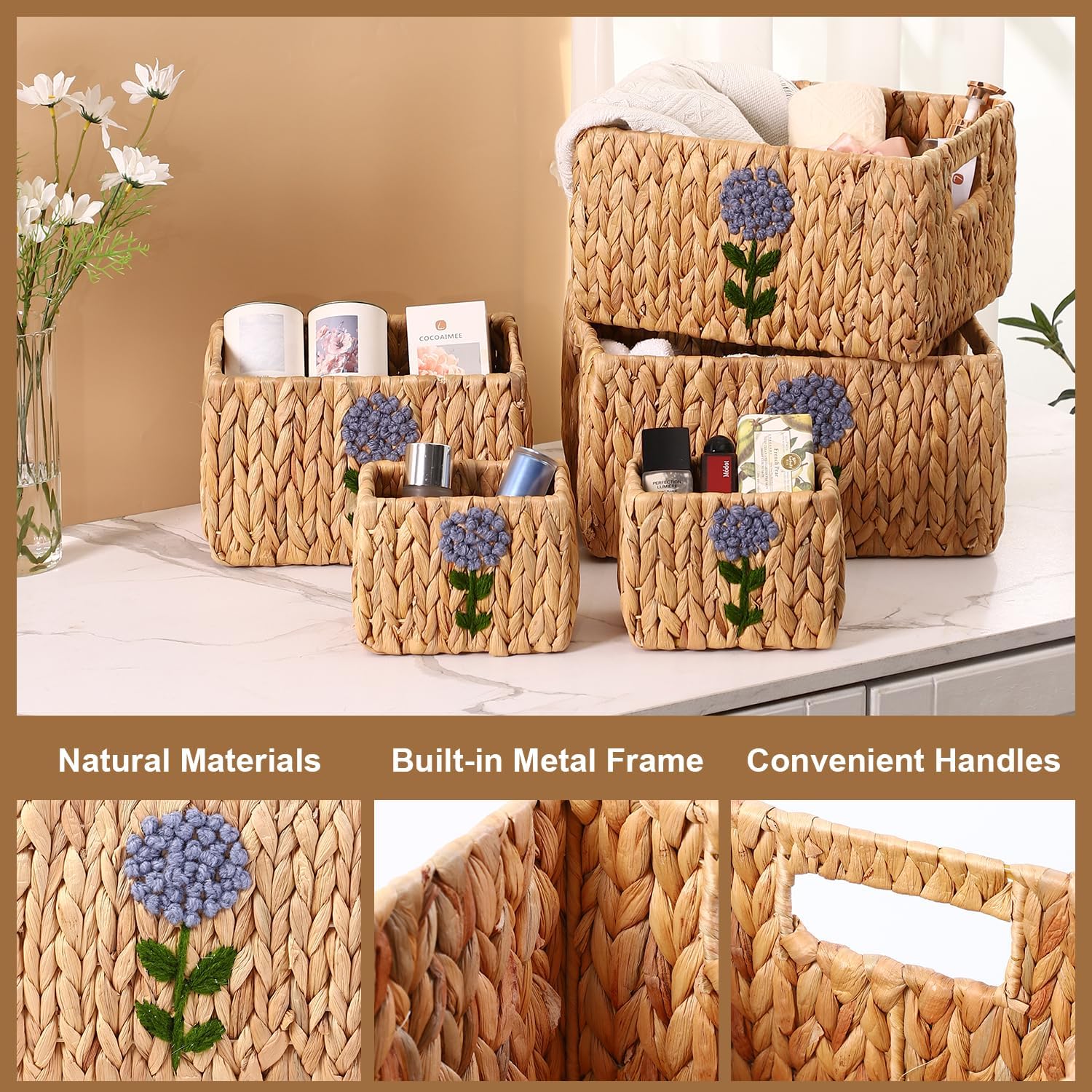 Set of 5 Water Hyacinth Pantry Baskets, Storage Baskets for Organizing, Cube Storage Bins for Shelves, Rectangle Storage Baskets with Handles, Woven Baskets for Storage - Floral
