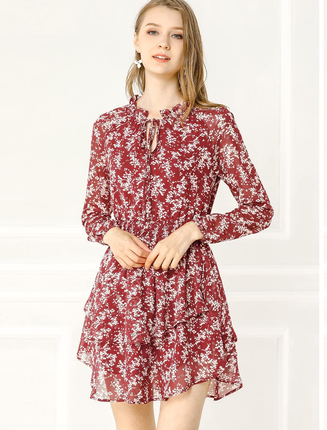 Allegra K Women's Ruffled Floral Smocked Waist Layered Tiered Chiffon Dress - Image 2