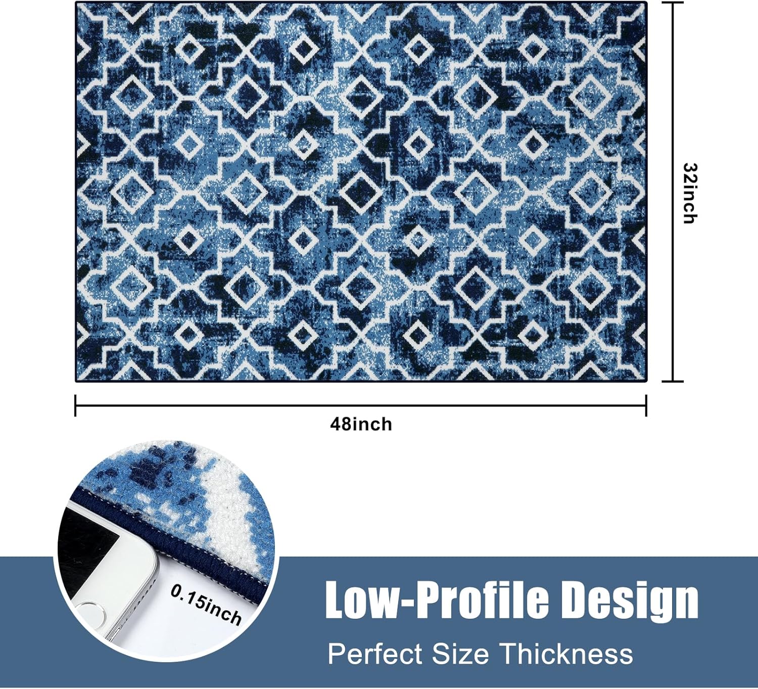 Wonnitar Moroccan Door Mats Indoor, 32''x48'' Indoor Mats for Front Door Entry, Washable Non-Slip Home Entrance Doormat, Low-Profile Dirt Resist Carpet for Entryway Mud Room (Post Blue,32''x48'')