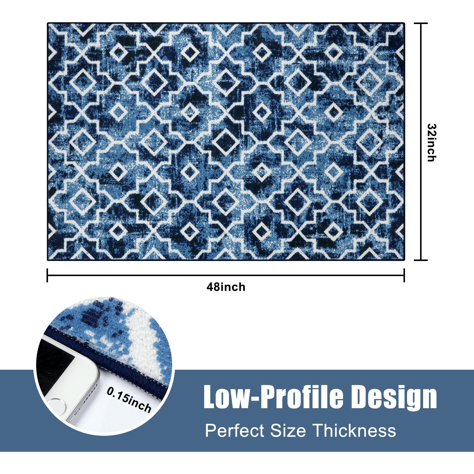 Wonnitar Moroccan Door Mats Indoor,32"x48" Welcome Indoor Mats for Front Door Entry,Washable Non-Slip Home Entrance Doormat,Low-Profile Dirt Resist Carpet for Entryway Doorway Mud Room,Post Blue