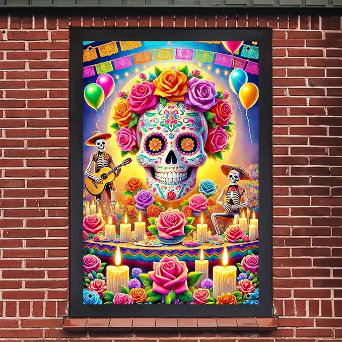 Day of The Dead Halloween Window Banner 31x47 Inch Sugar Skull Skeleton Floral Decor Mexican Festival Door Cover Banner Indoor Outdoor Ofrenda Papel Picado Marigold Altar Photo Backdrop