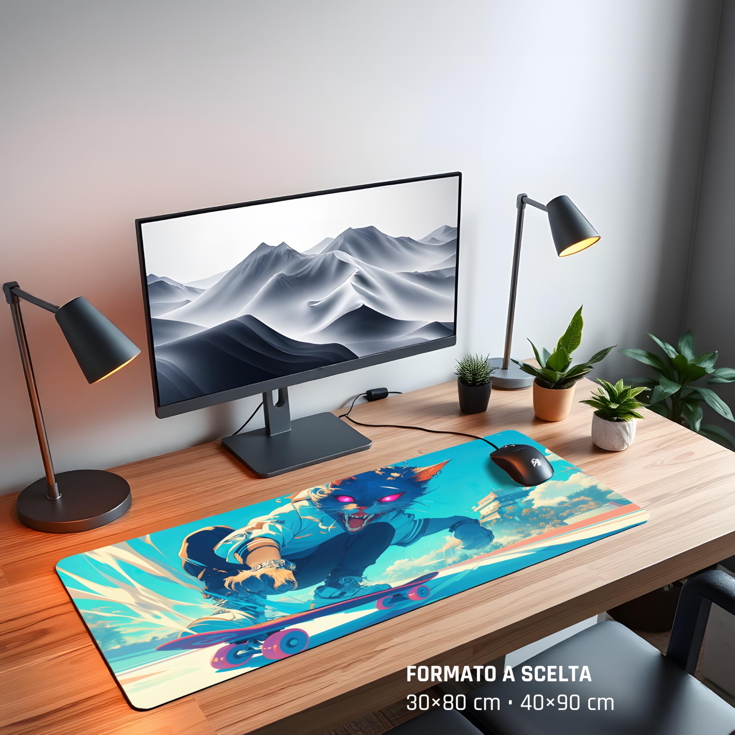TRYNOVAS Tappetino Mouse XXL 90×40 cm (3mm) – Anime Gatto Skater Cyberpunk – Tappetino Gaming Grande, Base Antiscivolo, Bordi Cuciti, Desk Pad per PC e Setup Gamer