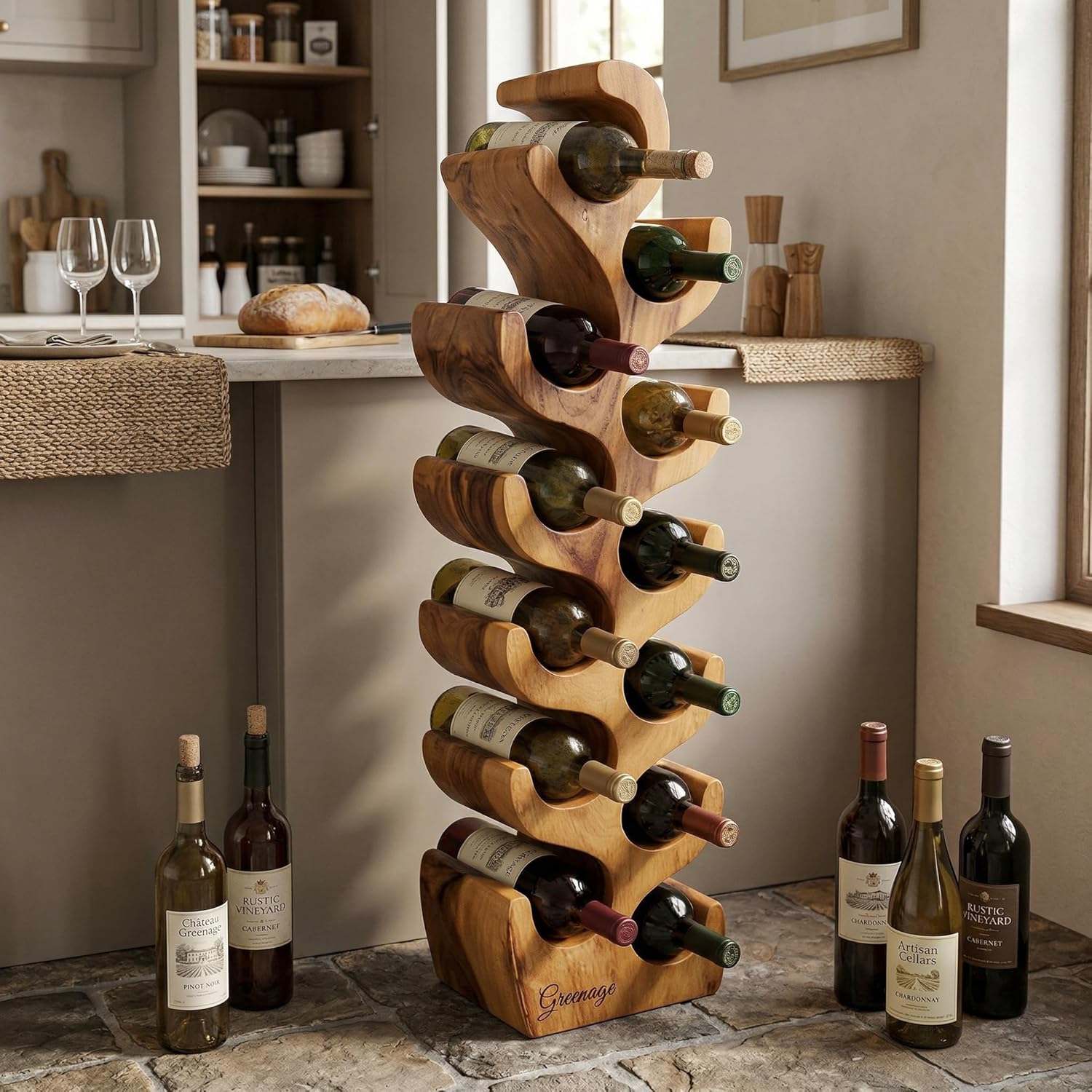 Greenage Solid Wood 12 Bottles Wine Rack 10.2" x 7.1" x 39.4" H Freestanding Floor Rustic Wooden Natural Tan Standing Wine Holder Floor for Kitchen Bar Pantry Cabinet Countertop Home Decor