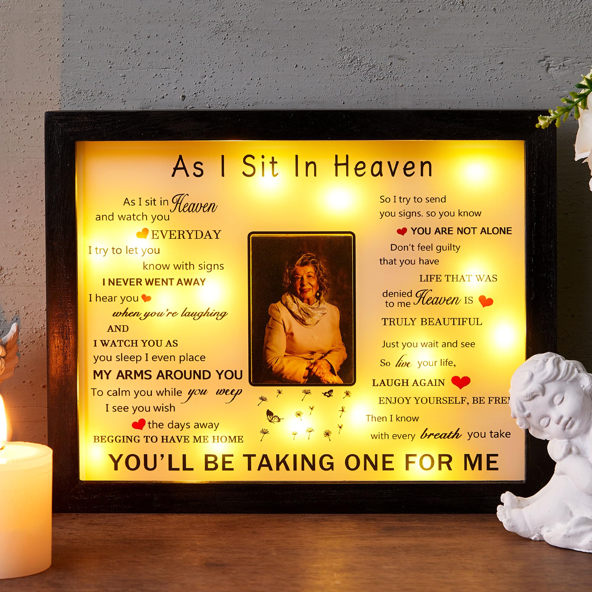 WOODEXPE Sympathy Gift 8" x 10" LED Memorial Shadow Box Keepsake Picture Frame Memorial Gifts for Loss of Loved One 2x3 Photo (As I Sit in Heaven Black)