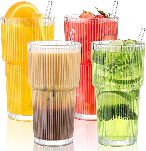 Juego de 4 vasos de vidrio y popote de 20 onzas, vaso de vidrio con pajilla, cristalería vintage para whisky, cóctel, cerveza, tazas de café helado