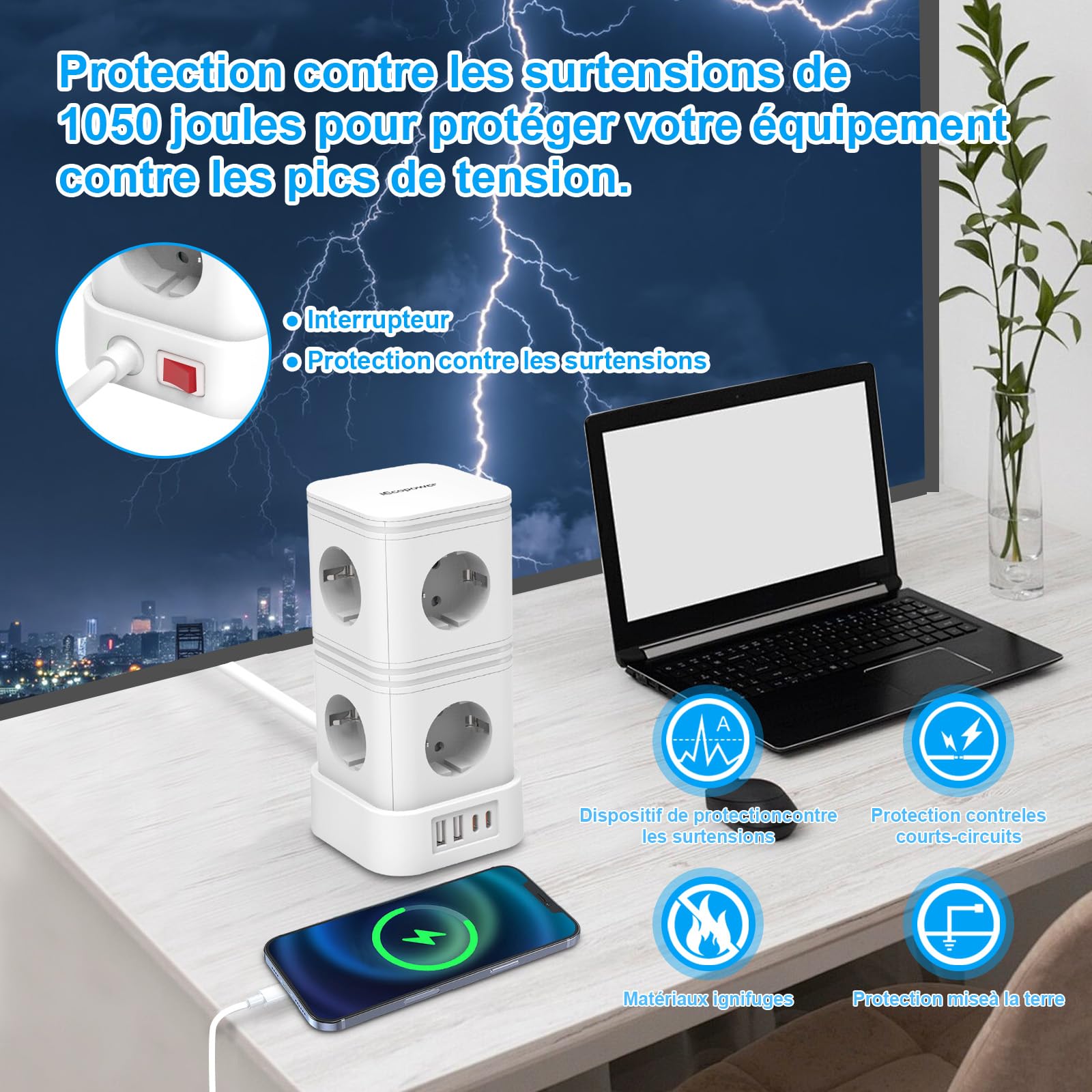 IECOPOWER Tour Multiprise avec Interrupteur,PD20W USB multiprise(2 USB-C Ports et 2 USB-A Ports),Multiprise parafoudre,4000W/16A,1050 J, rallonge Electrique 5m, Blanc