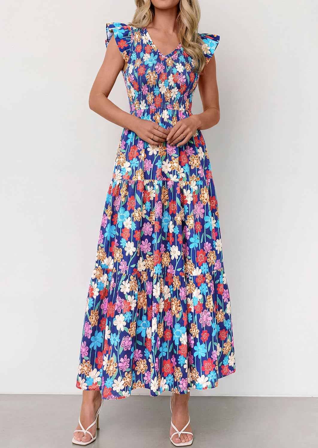 PRETTYGARDEN Women's Boho Floral Maxi Dress 2026 Summer Smocked V Neck Ruffle Sleeve Spring Flowy Beach Vacation Sundresses - Image 2