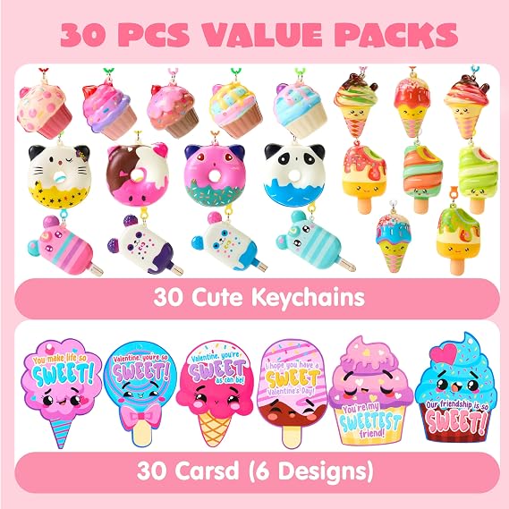 JOYIN 30 Packs Dessert Squishy Toys Stress Relief Keychains with Valentines Greeting Cards for Classroom Exchange Prizes, Valentines Party Favors and Gifts for Boys Girls