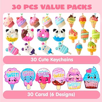 JOYIN 30 Packs Dessert Squishy Toys Stress Relief Keychains with Valentines Greeting Cards for Classroom Exchange Prizes, Valentines Party Favors and Gifts for Boys Girls