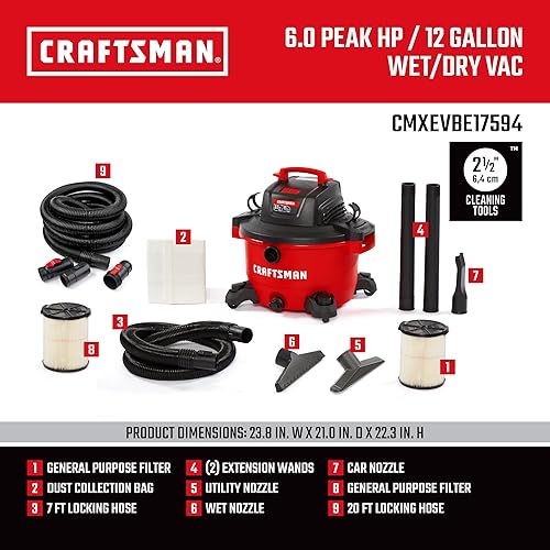 Vista 29 de CRAFTSMAN CMXEVBE17594 Aspiradora húmeda y seca de 12 galones, 6.0 HP de pico, aspiradora portátil para tienda húmeda y seca con filtro, 3 bolsas