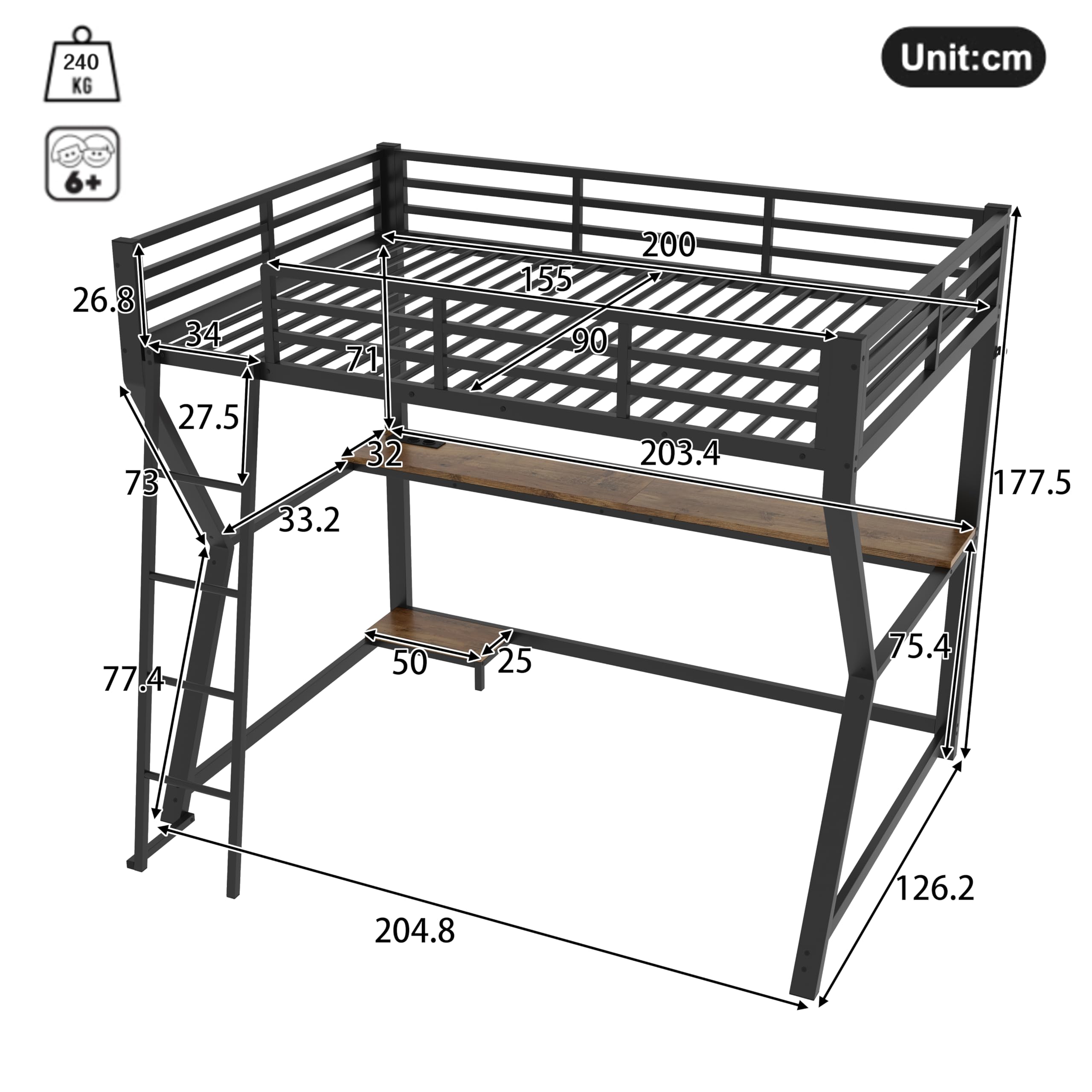 Letto a castello Letto singolo 90x200, Letto per bambini con letto a castello con luce LED e stazione di ricarica USB e scrivania e scaffale per console del computer, Letto in metallo singolo