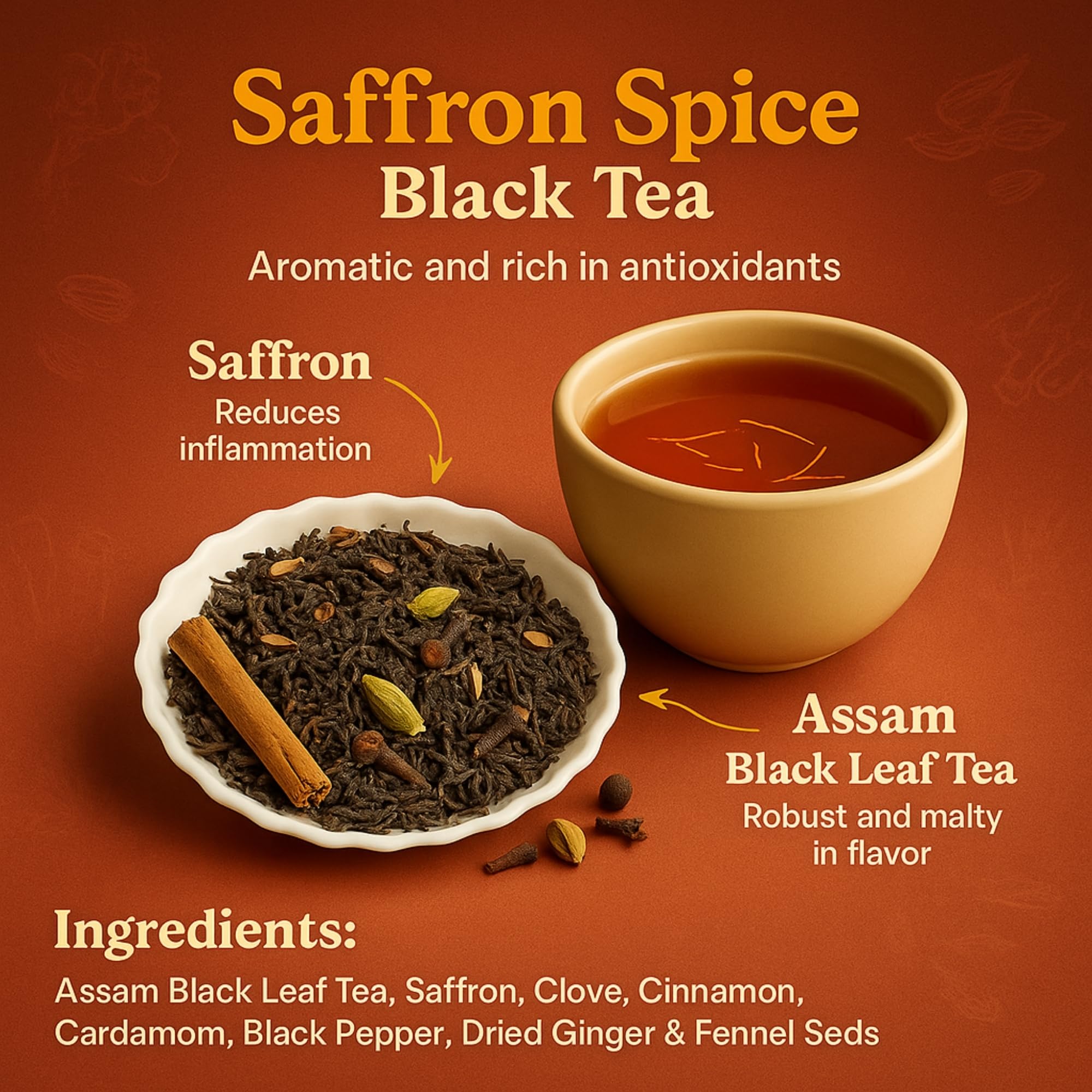 Brewora Saffron Spice Black Tea Loose Leaf | Exotic Blend with Real Saffron | Bold Spices & Premium Black Tea | Rich Aromatic Brew for Any Time of Day | Resealable Pouch (200 gm) 2