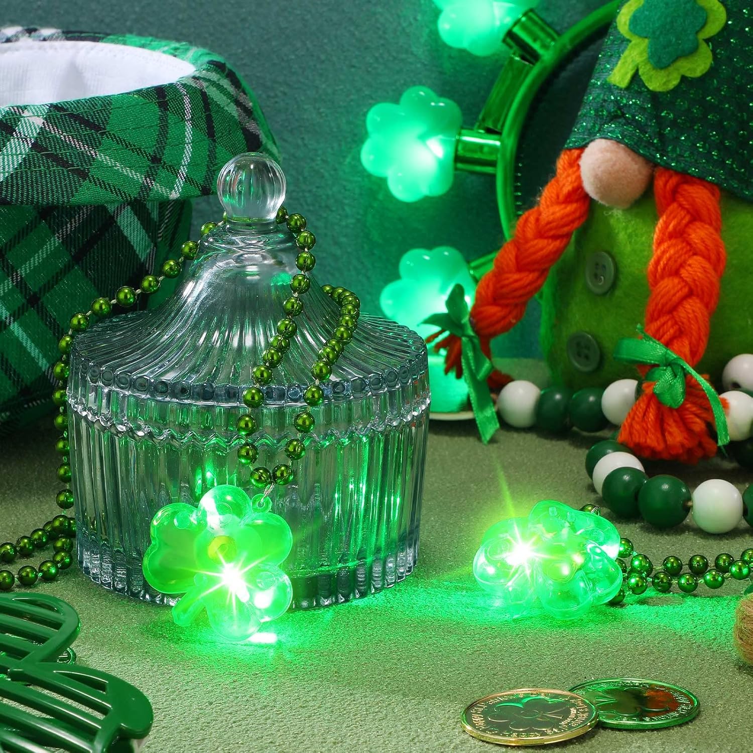MTLEE St. Patrick's Day Accessories Green Light up Shamrocks Necklaces St Patrick Day Beads Led Green Shamrock Necklace Irish Metallic for Irish St. Patrick Party Dressing up Costume Supplies - Image 5