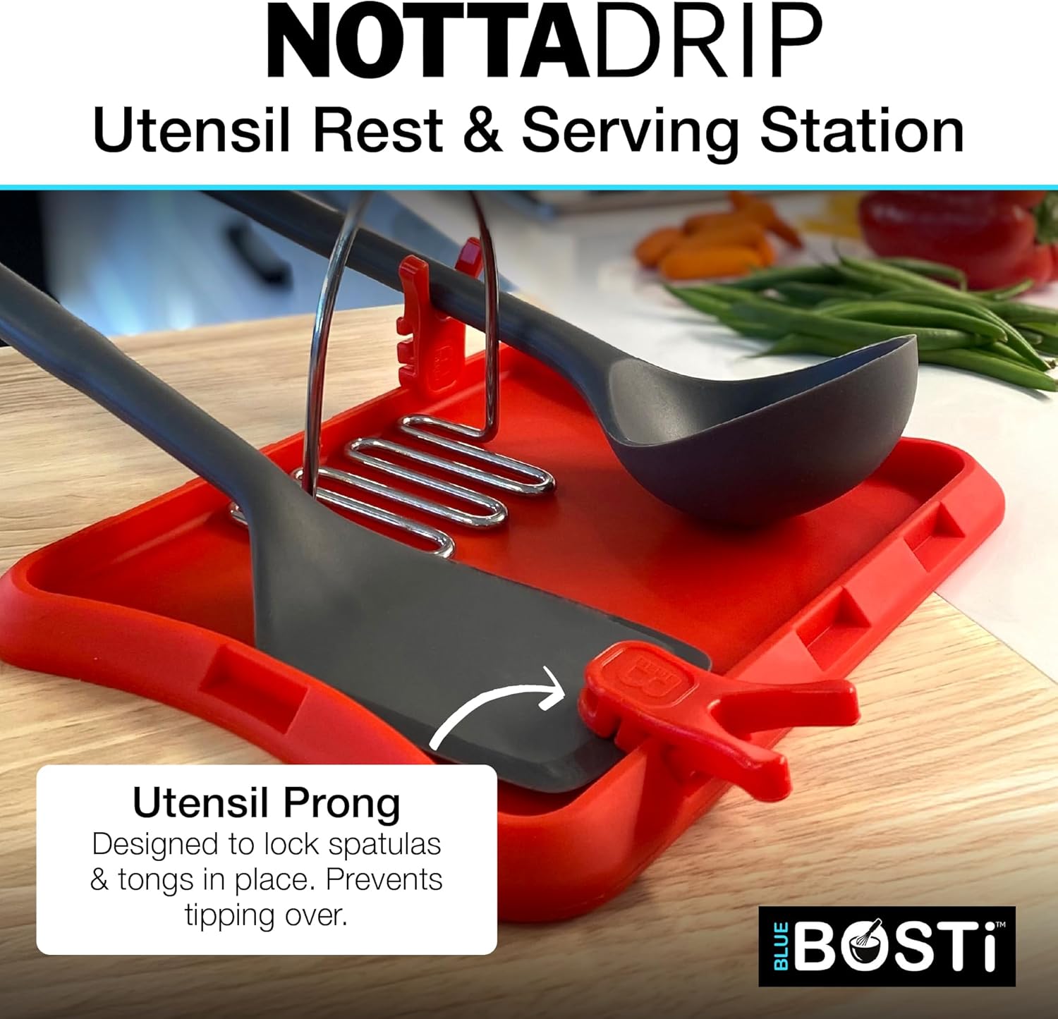 Nottadrip Silicone Spoon Rest for Stove Top - Kitchen Spoon Rest for Countertop, Ladle Holder, All in 1 Serving Station, Elevate Handles, Drip to Tray, Mess Free - 3PC Set No Trivet - Red