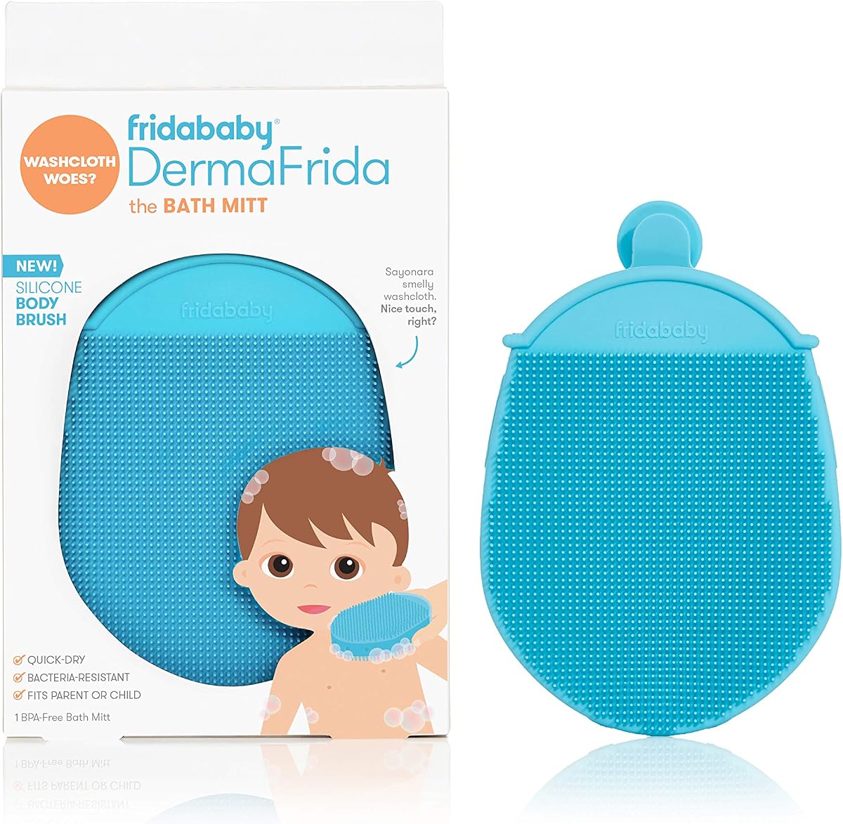 Frida Baby DermaFrida The Bath Mitt, Toddler Body Bath Brush, Silicone | Quick-Dry Silicone Washcloth Replacement, Fits Parent or Child for Early Development