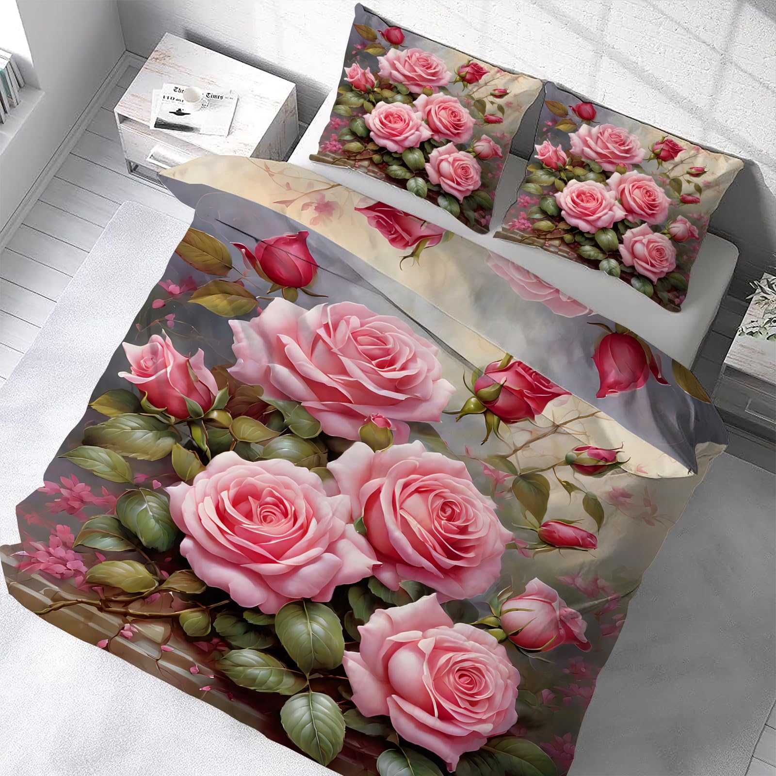 Housse de couette 200x200 cm avec taies d'oreiller 65x65 respirant fleurs roses