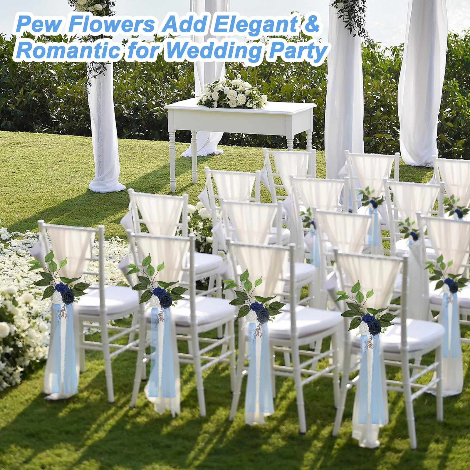 PATIKIL Hochzeit Schiff Dekorationen Topfblumen für Hochzeit Zeremonie Stuhl Set von 10 Stuhl Blumig Dekoration mit Kunstblumen Eukalyptus und Bänder für Kirchenstuhl Party Blau