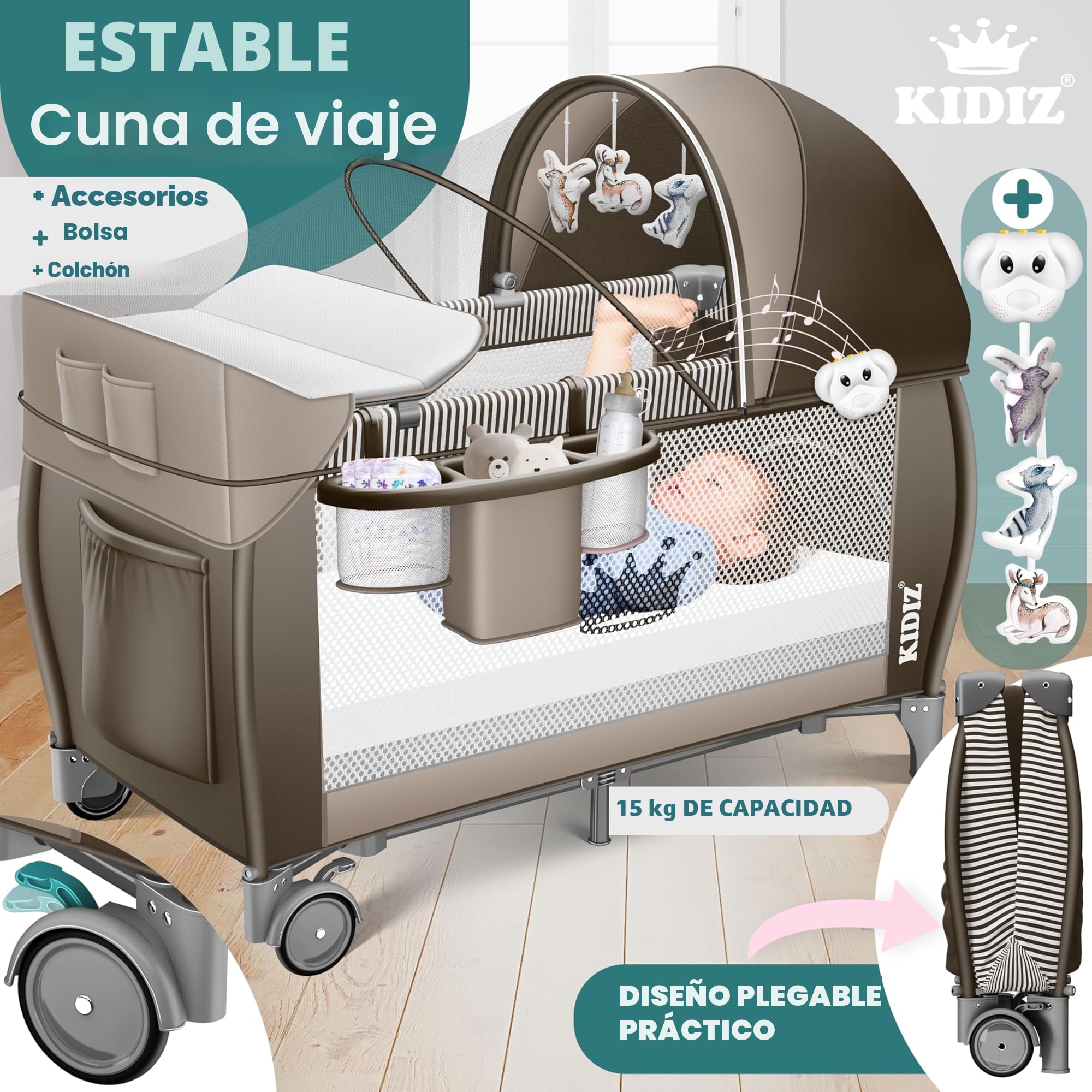 KIDIZ® Cuna de bebé 3 en 1 Cama de Viaje, Combi Set, Cama de bebé con Cambiador, mosquitero Corral de Juego, marrón