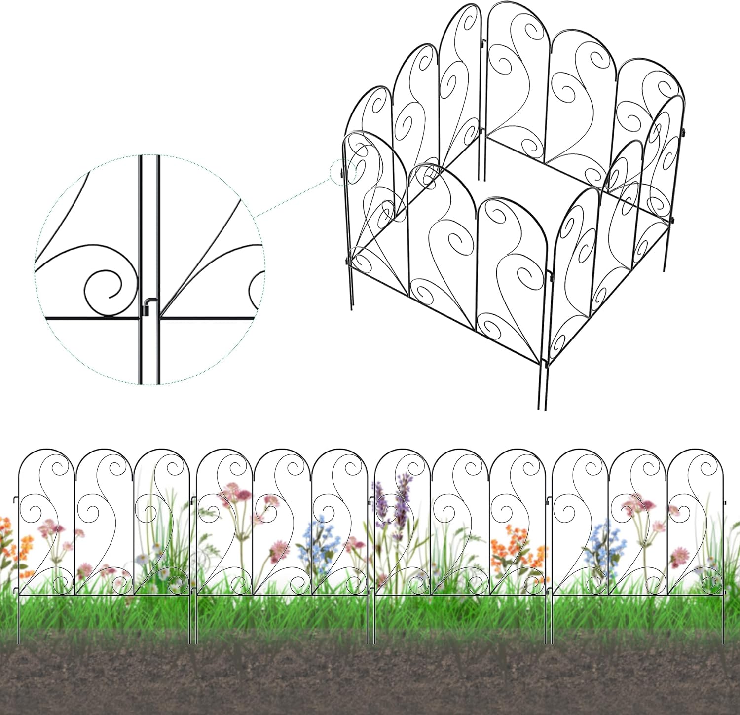 Decorative Metal Garden Fence,Pack of 4pcs, Total 26" H x 100" L Art Deco