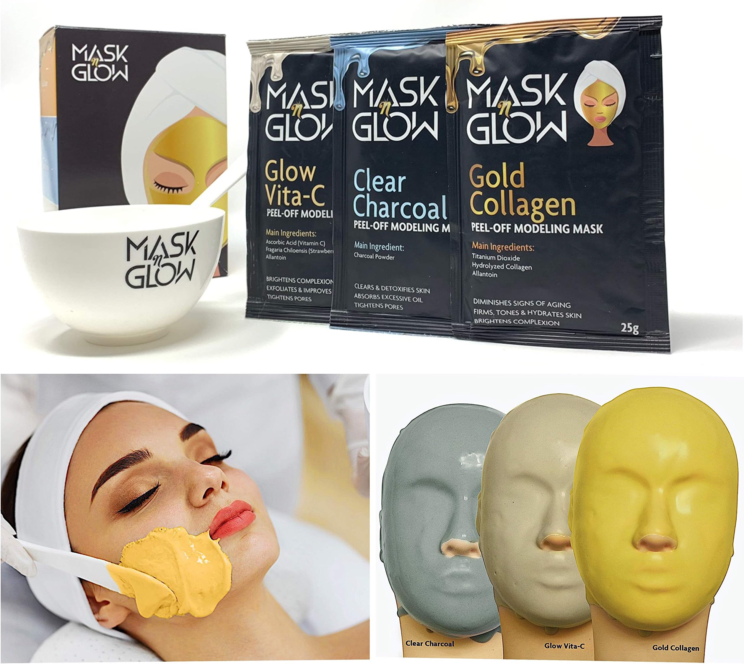 Premium Modeling Peel-Off Mask"Rubber Mask" Spa Set- 3 Treatments (Gold Collagen, Glow Vita C, Clear Charcoal) + Bowl and Spatula, Made In Korea (3 Pack, Spa Set) (3 Pack)