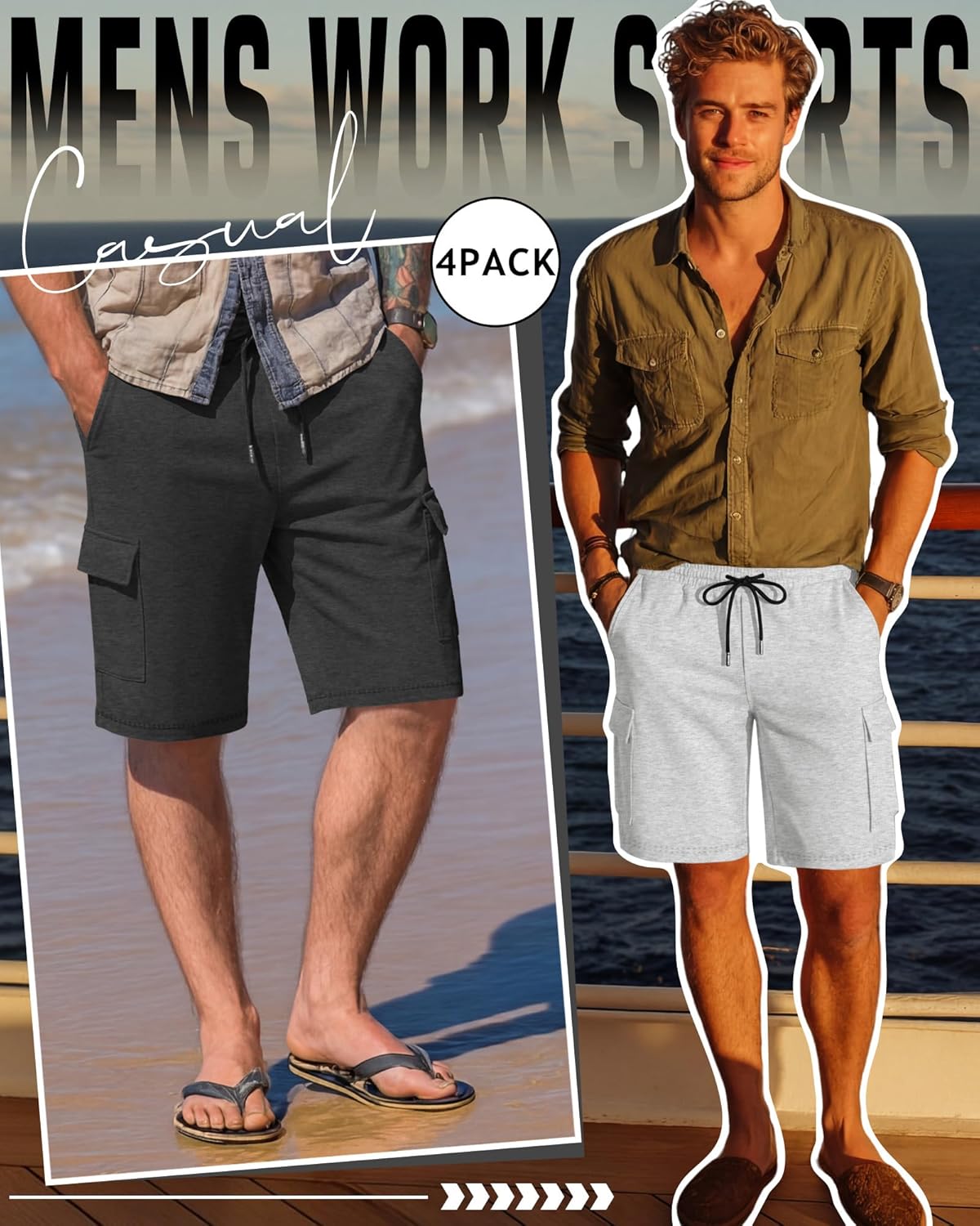 August Alley 4 Pack Men's Cargo Shorts Big and Tall Athletic Gym 9 Inch Bermuda Baggy Drawstring Summer Shorts with Pockets