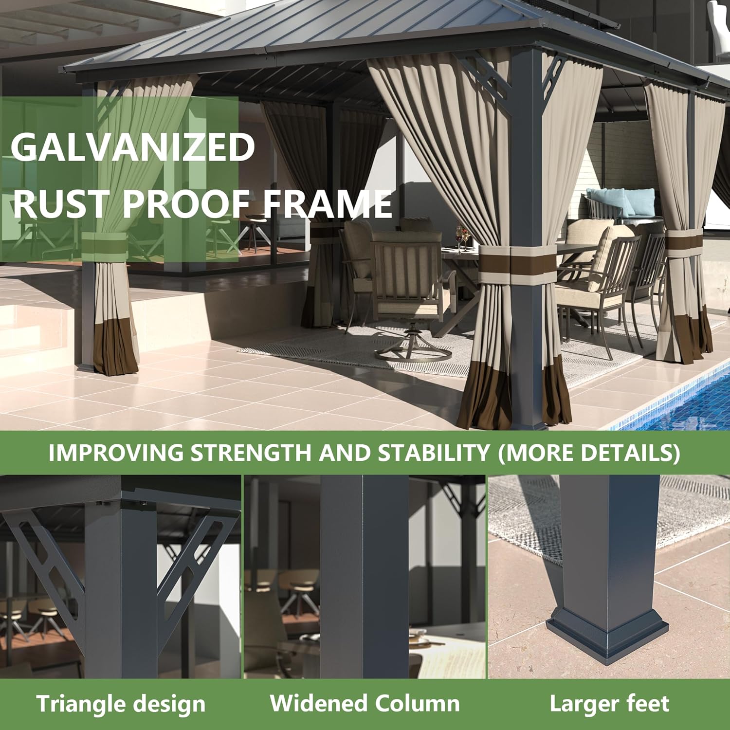 Kullavik 12' x 20' Hardtop Gazebo,Outdoor Galvanized Steel Metal Double Roof Gazebo with Curtains and Netting for Patios,Gardens,Lawns,Sand
