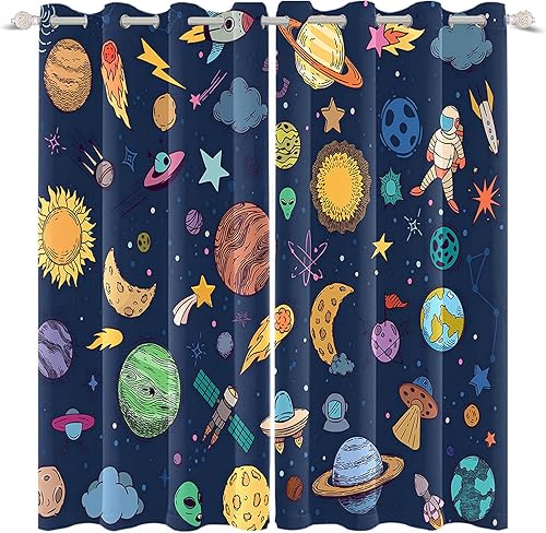 Miniatura 4 de Umpoo Cortinas opacas con patrón de dibujos animados de 42 x 63 pulgadas diseño de astronauta cohete estrellas galaxia cósmica planetas sistema