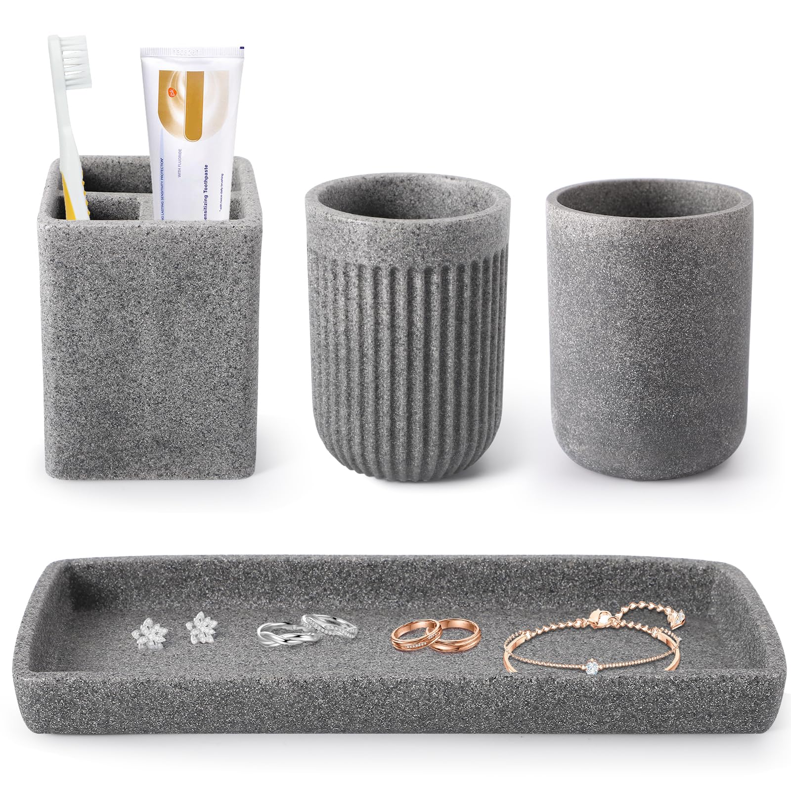 Resin Matte Gray Bathroom Toothbrush Cups Set with Holder and Tray, 4 Pcs Bathroom Accessories Set Counter Organizer for Sink Home Decor