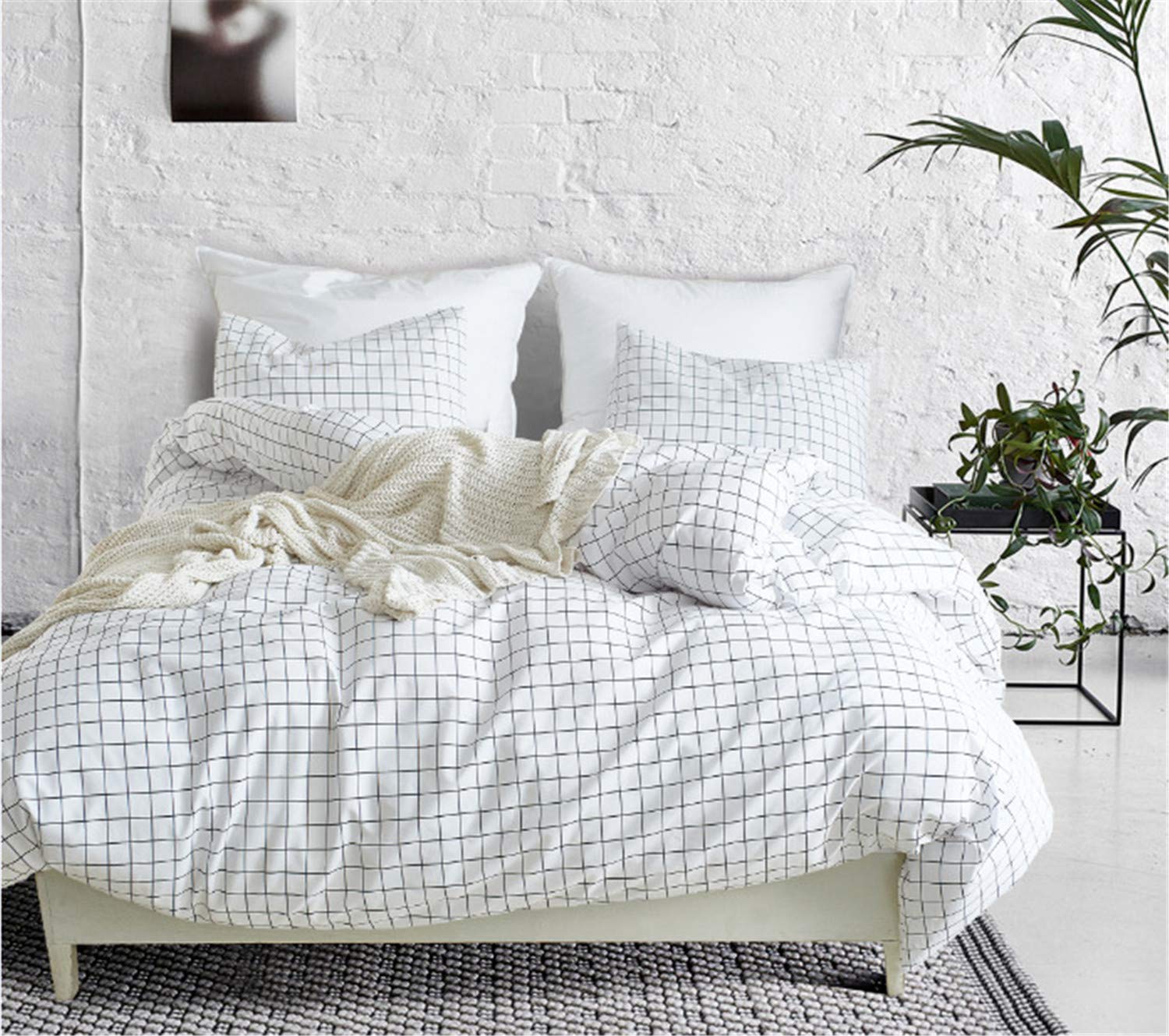 YULUOSHA White Plaid Checkered Pattern Grid Duvet Cover Set Queen(90