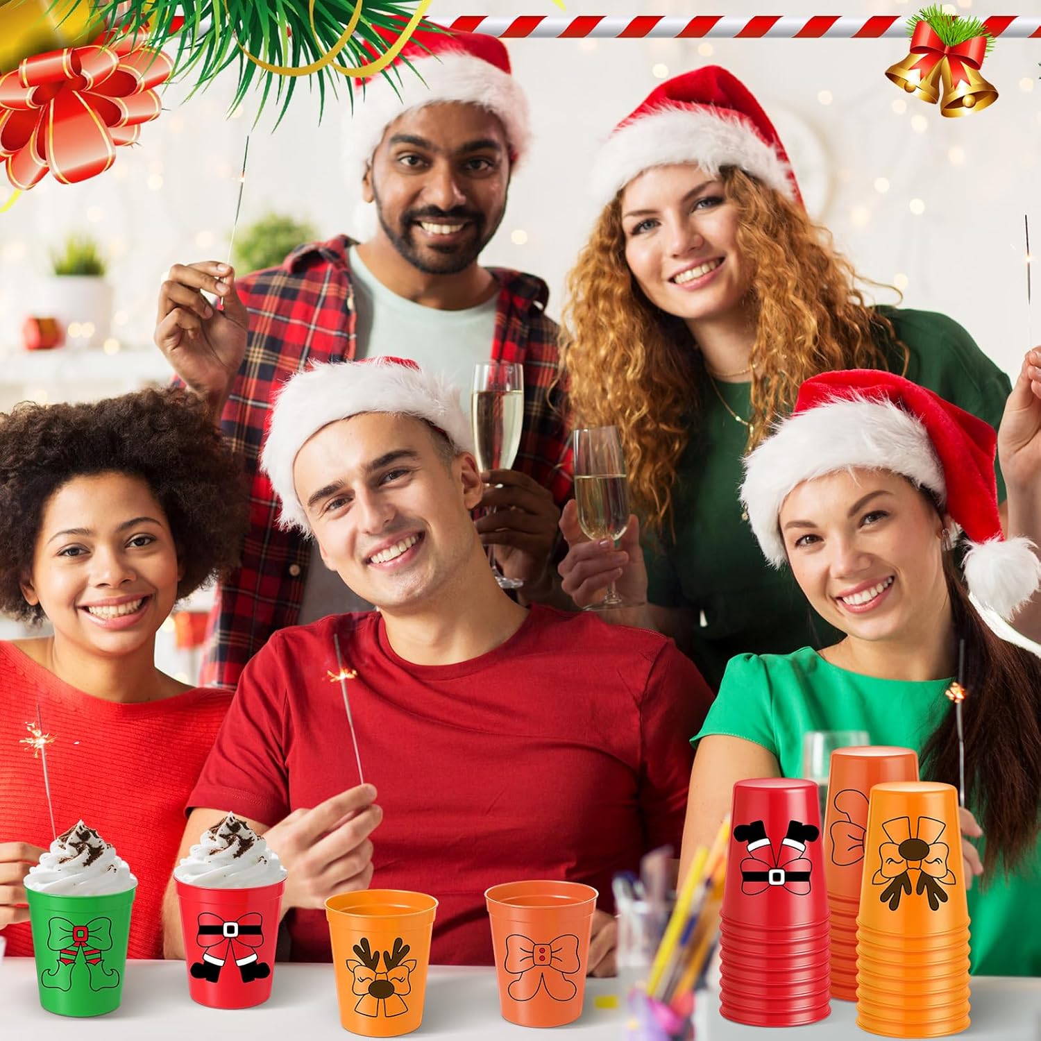48 Pack Christmas Party Plastic Cups Reusable 16 oz Red and Green Santa Cups Xmas Tumbler Holiday Drinking Cup Bulk Disposable Coffee Mug for Stadium Funny Christmas Party Supplies Winter Elf - Image 4