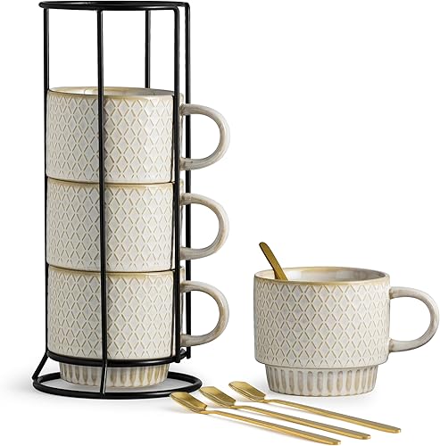 Miniatura 10 de LYEOBOH Coffee Mug Set with Stand and Spoons, 13 OZ Demitasse Cups Set Stackable Espresso Coffee Mugs Cappuccino Cup Set of 4 for Coffee, Latte,