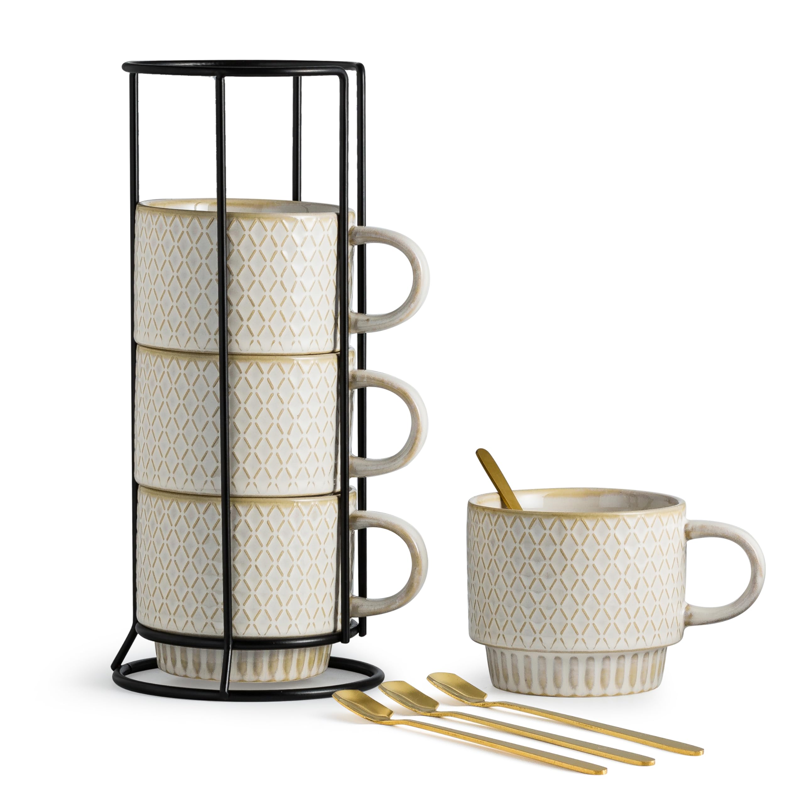 Amazon.com: LYEOBOH Stackable Coffee Mugs, Coffee Cups, Mug Set of 4 with  Spoons - 13 Oz Coffee Cup Set with Stand, Ceramic Coffee Mug - Farmhouse  Kitchen, Beige : Home & Kitchen