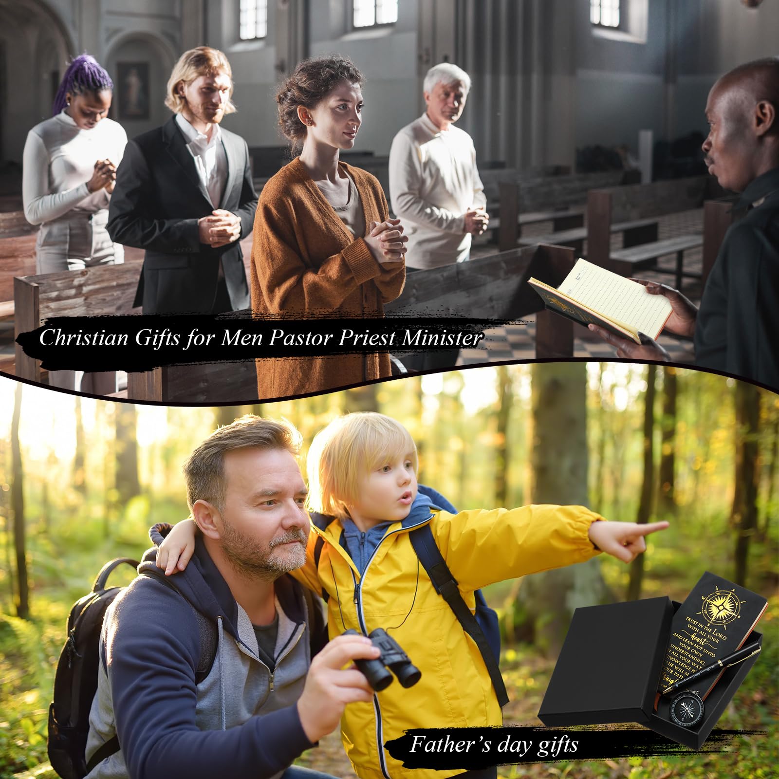 Fuyoooo 4 Pcs Christian Graduation Gifts Baptism Gift for Men Bible Journal Religious Engraved Compass Bible Pen for First Communion Father's Day